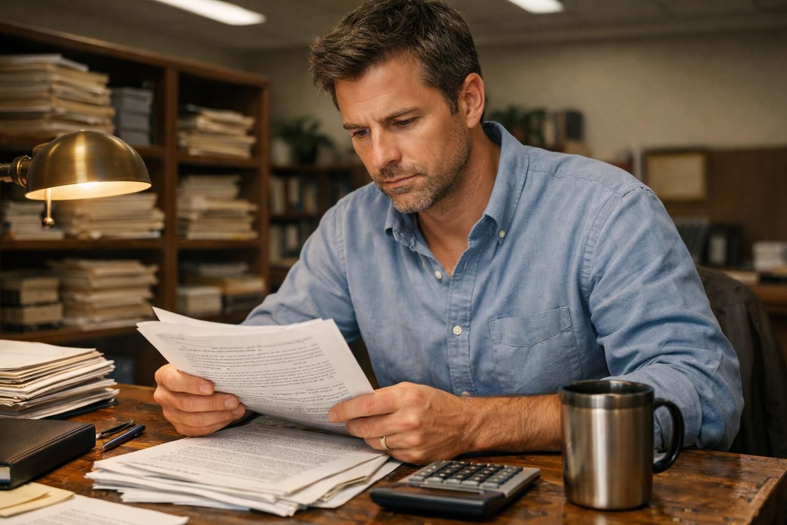 A focused man studies legal documents at a cluttered wooden desk. A focused man studies legal documents at a cluttered wooden desk.