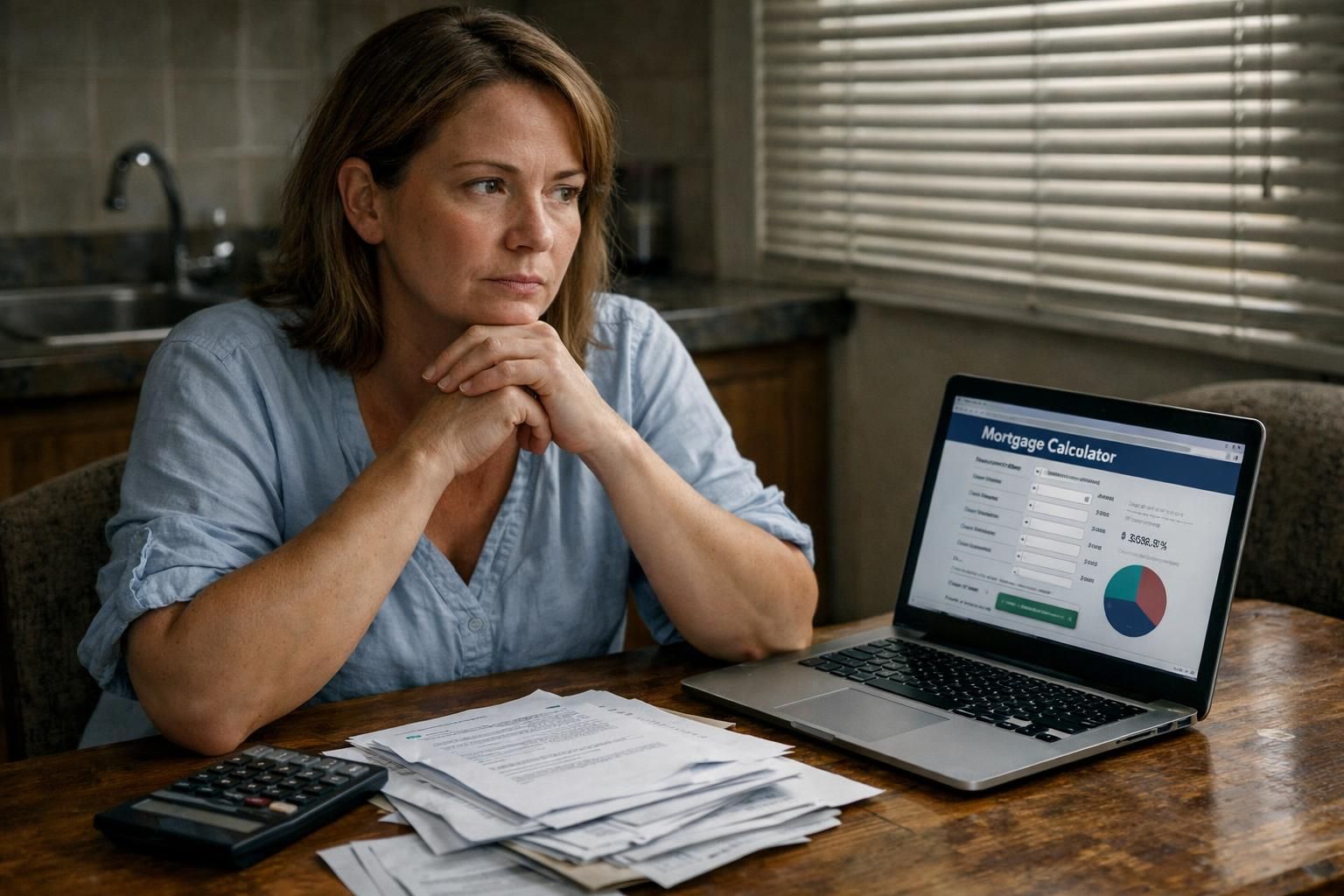 A woman seated at a cluttered kitchen table reviews financial paperwork.