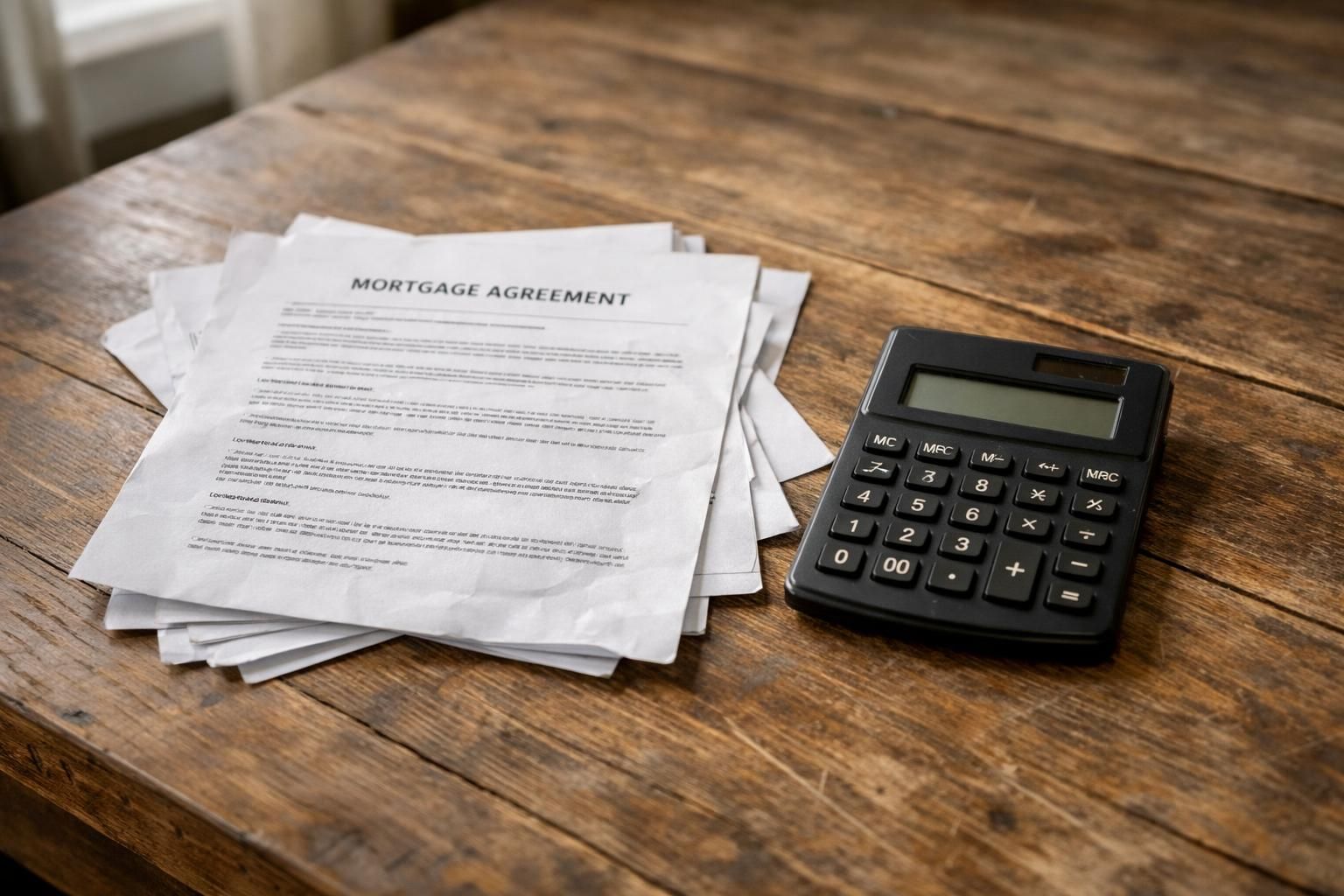 A weathered table holds mortgage documents and a calculator, suggesting contemplation.