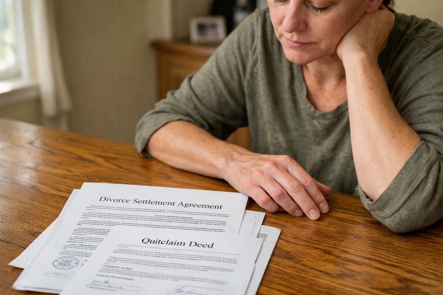 A person contemplates legal documents on a polished wooden table.