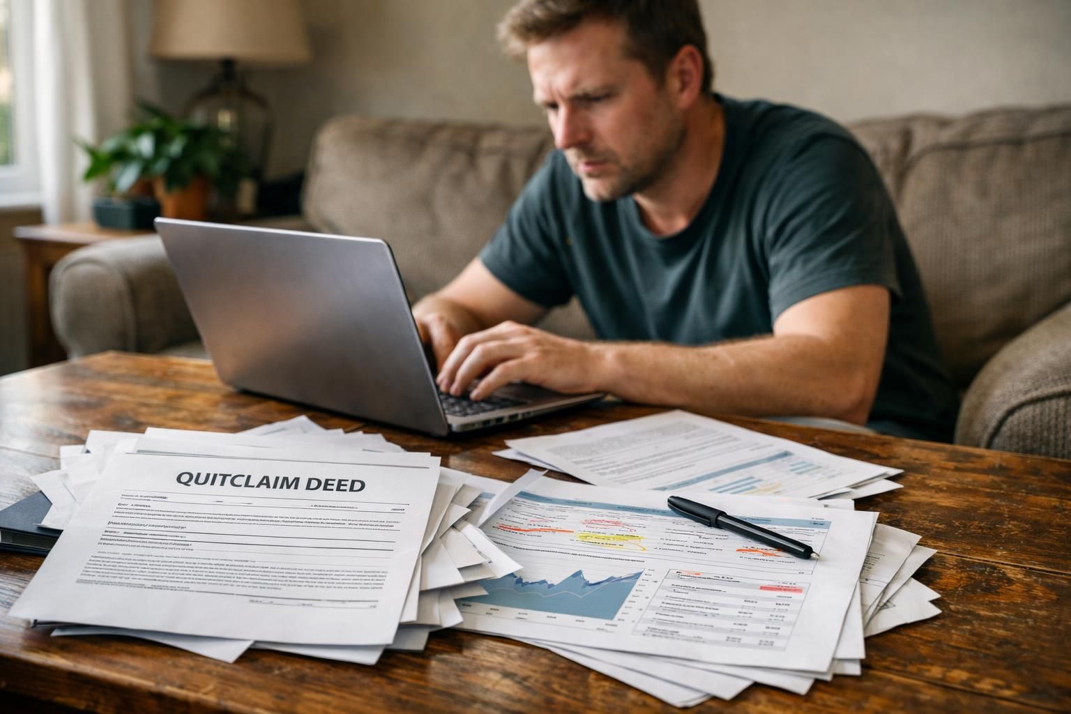 A cluttered living room with a person focused on financial documents.