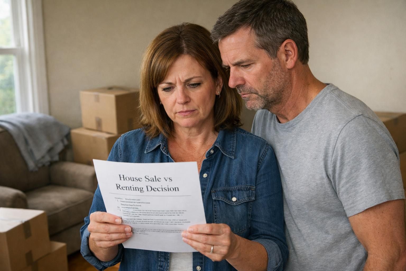 A couple contemplates a housing decision amidst moving chaos.