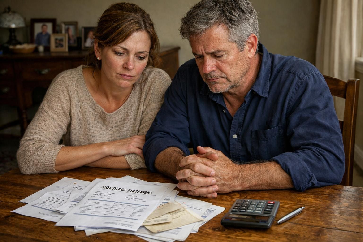 A middle-aged couple faces financial strain at their dining table. A middle-aged couple faces financial strain at their dining table.