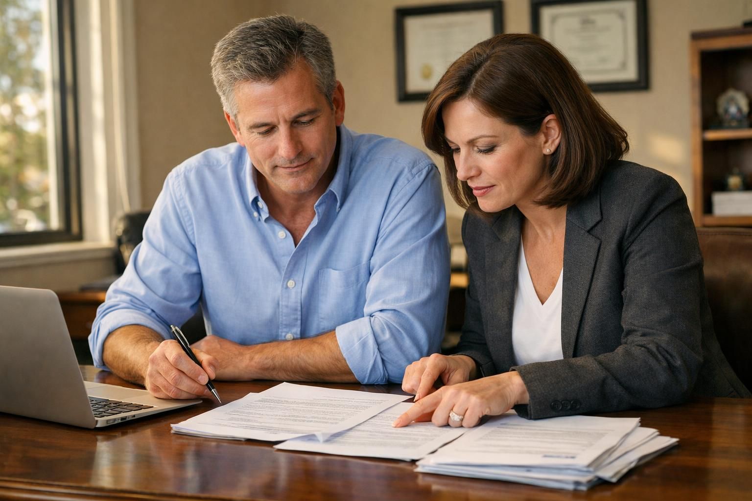 Two real estate agents collaborate at a polished oak desk. Two real estate agents collaborate at a polished oak desk.