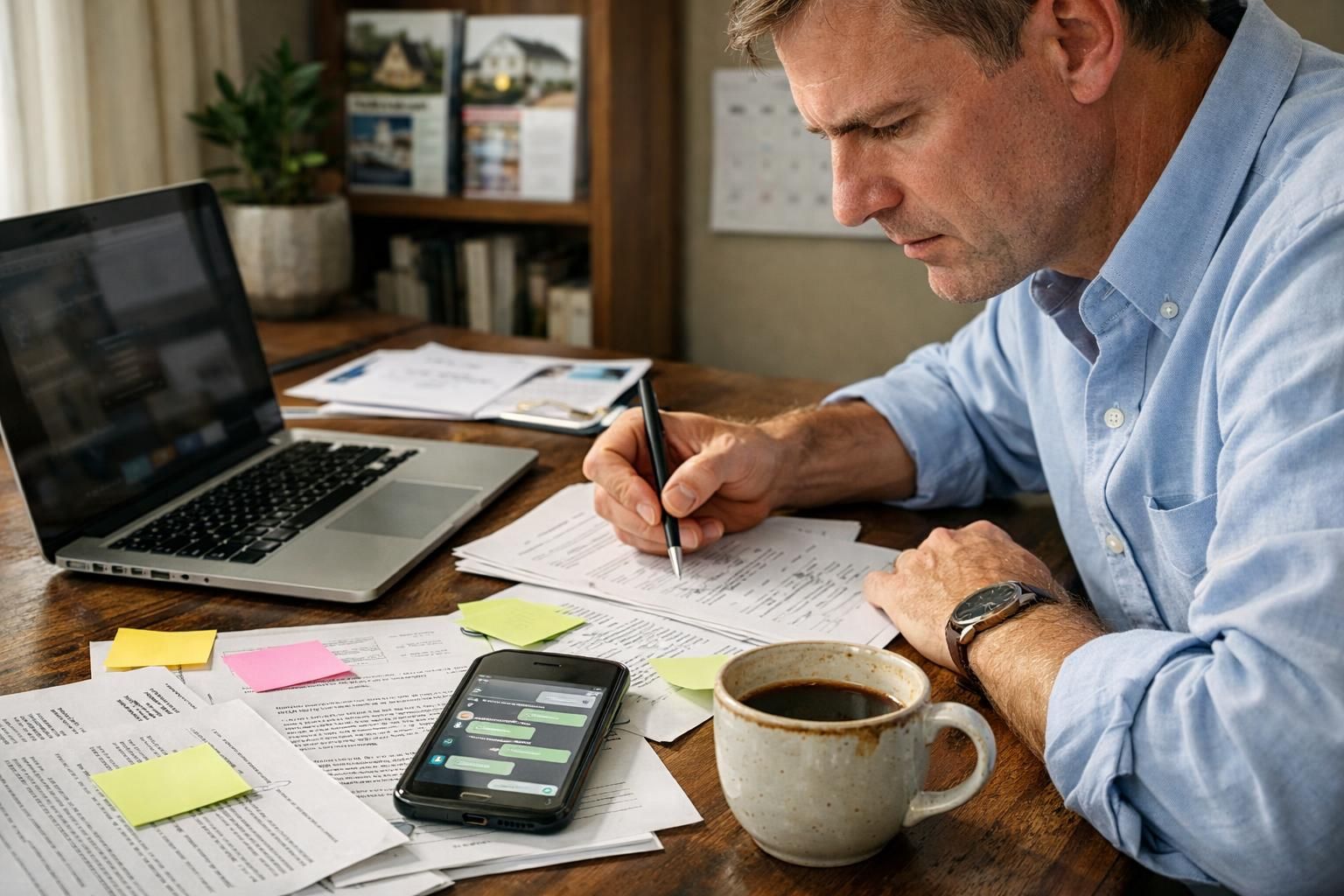 A focused professional negotiates surrounded by documents and a cozy workspace. A focused professional negotiates surrounded by documents and a cozy workspace.
