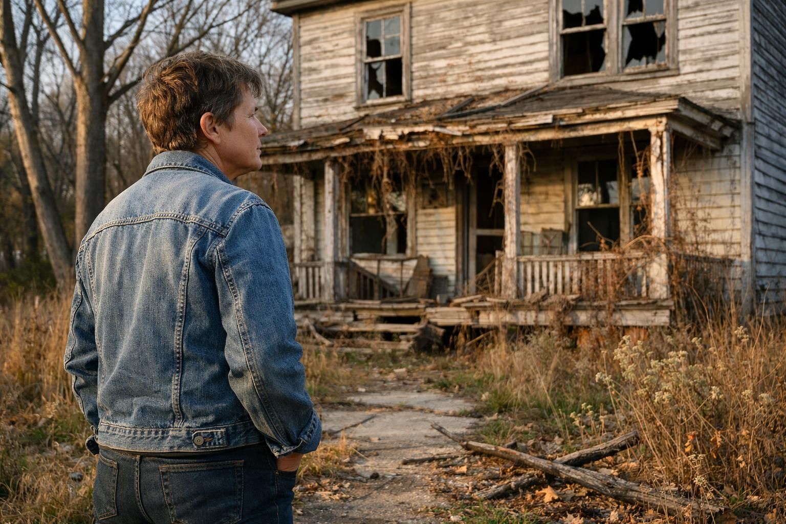 A contemplative individual stands before a dilapidated, weathered house.