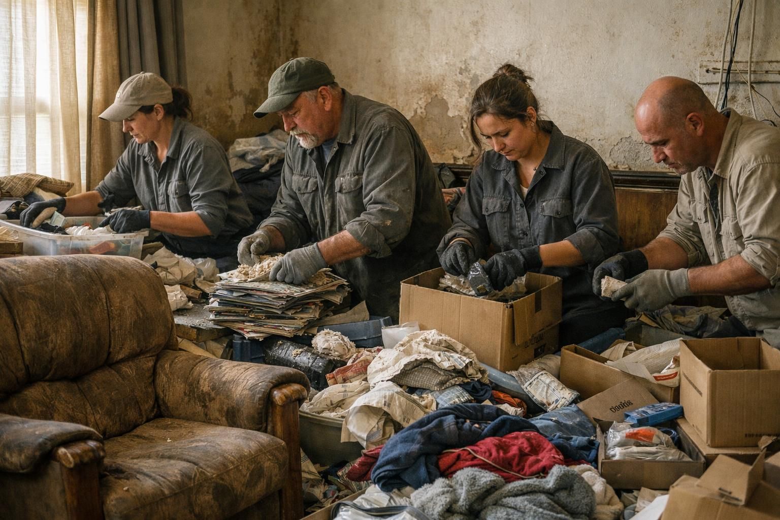 A cluttered living room being organized by focused professionals.