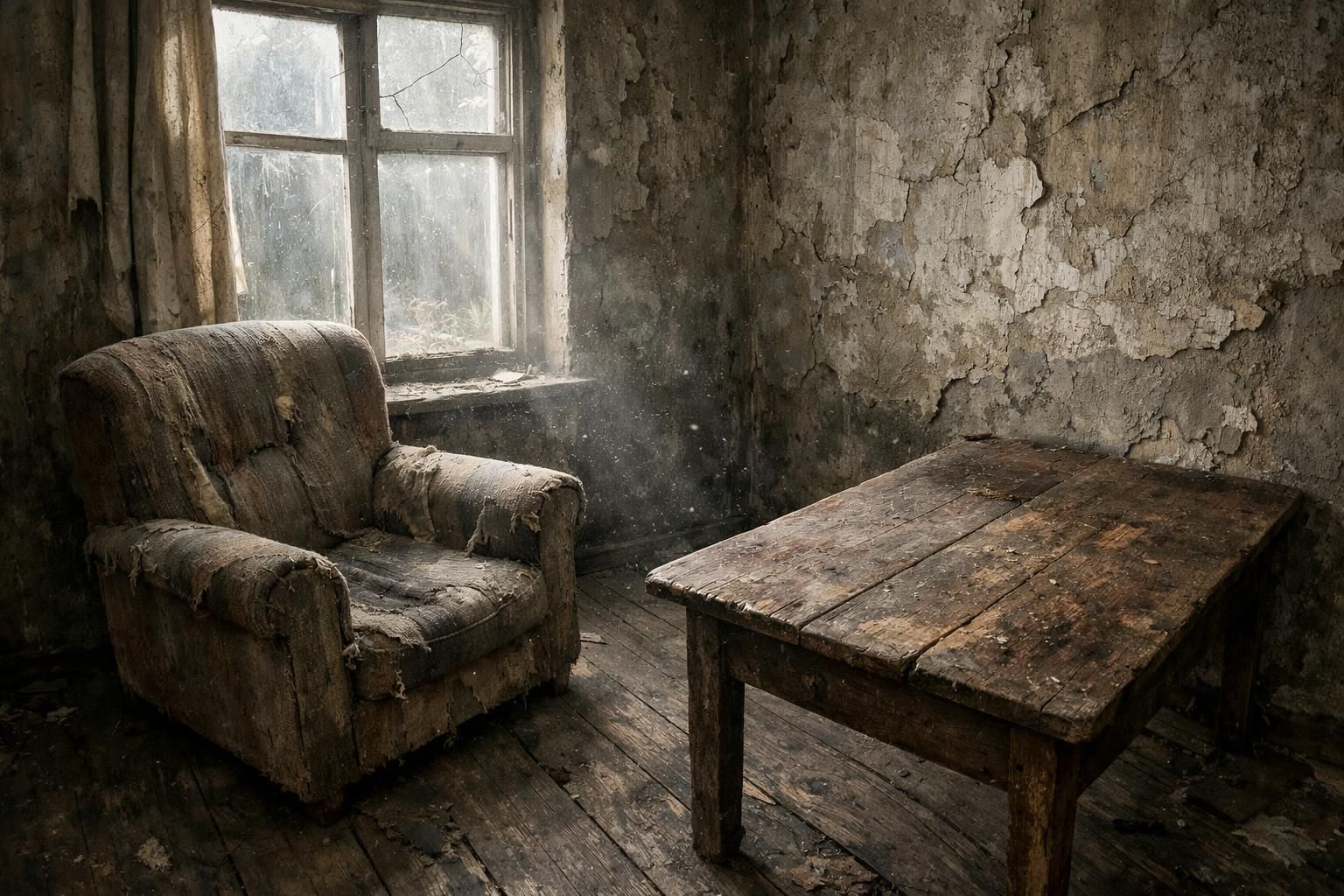 A neglected room filled with dust, worn furniture, and decay.