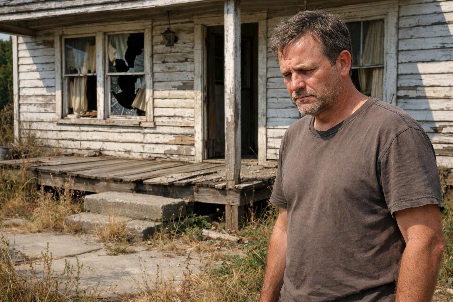 A weathered, abandoned house surrounded by overgrown vegetation and neglect.