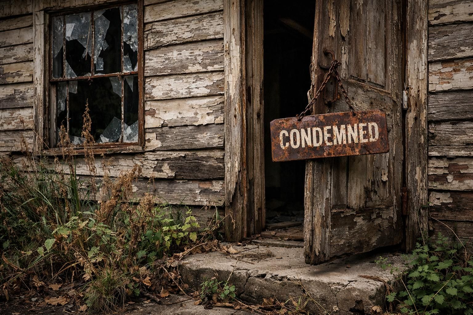 An aged, abandoned house with peeling paint and overgrown weeds.