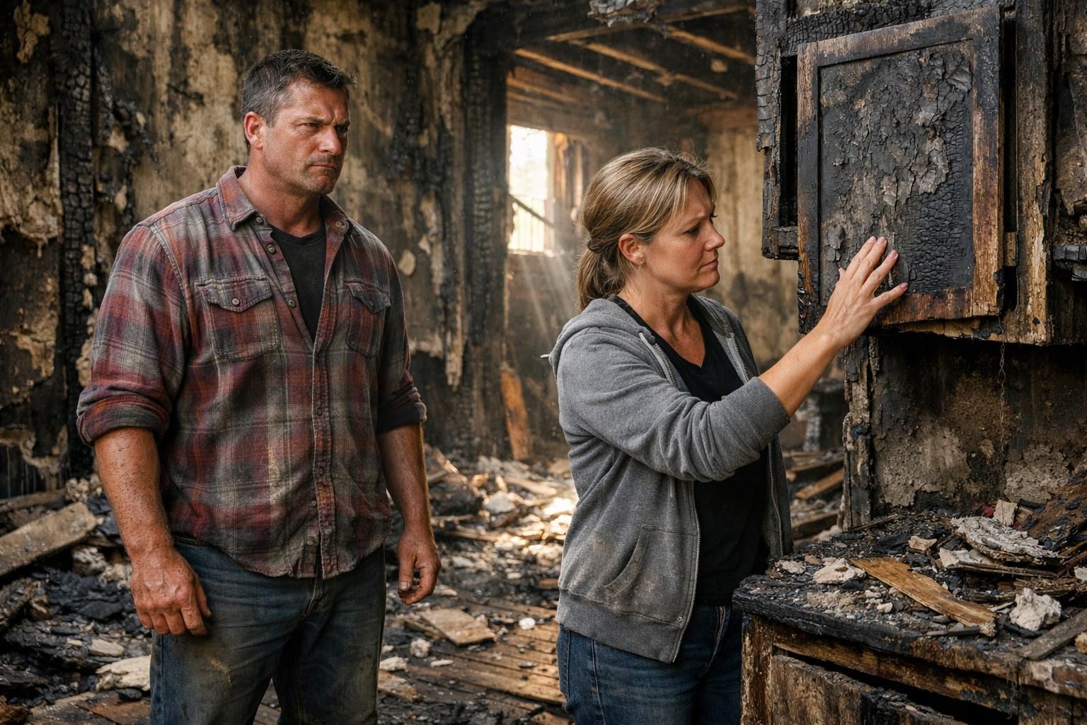 Two adults inspect a severely fire-damaged home interior.