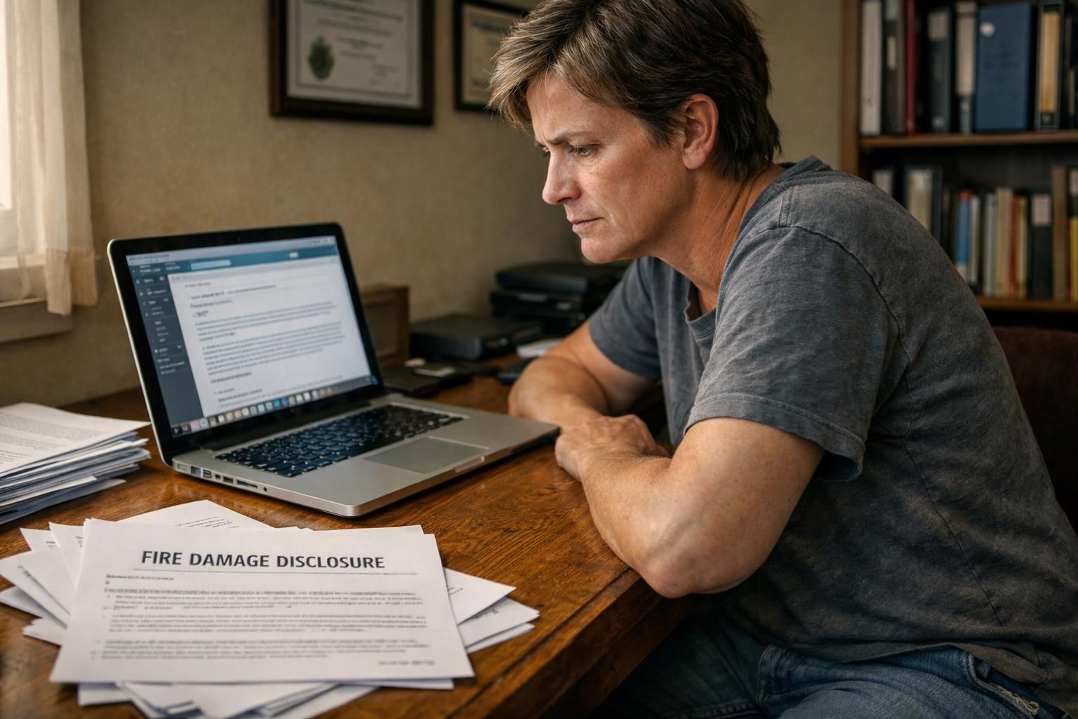 A homeowner reviews important fire damage disclosure paperwork at their desk.