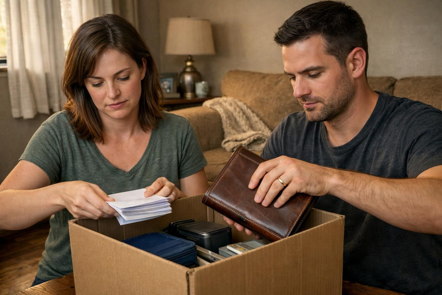 A couple carefully packs important documents into a moving box.