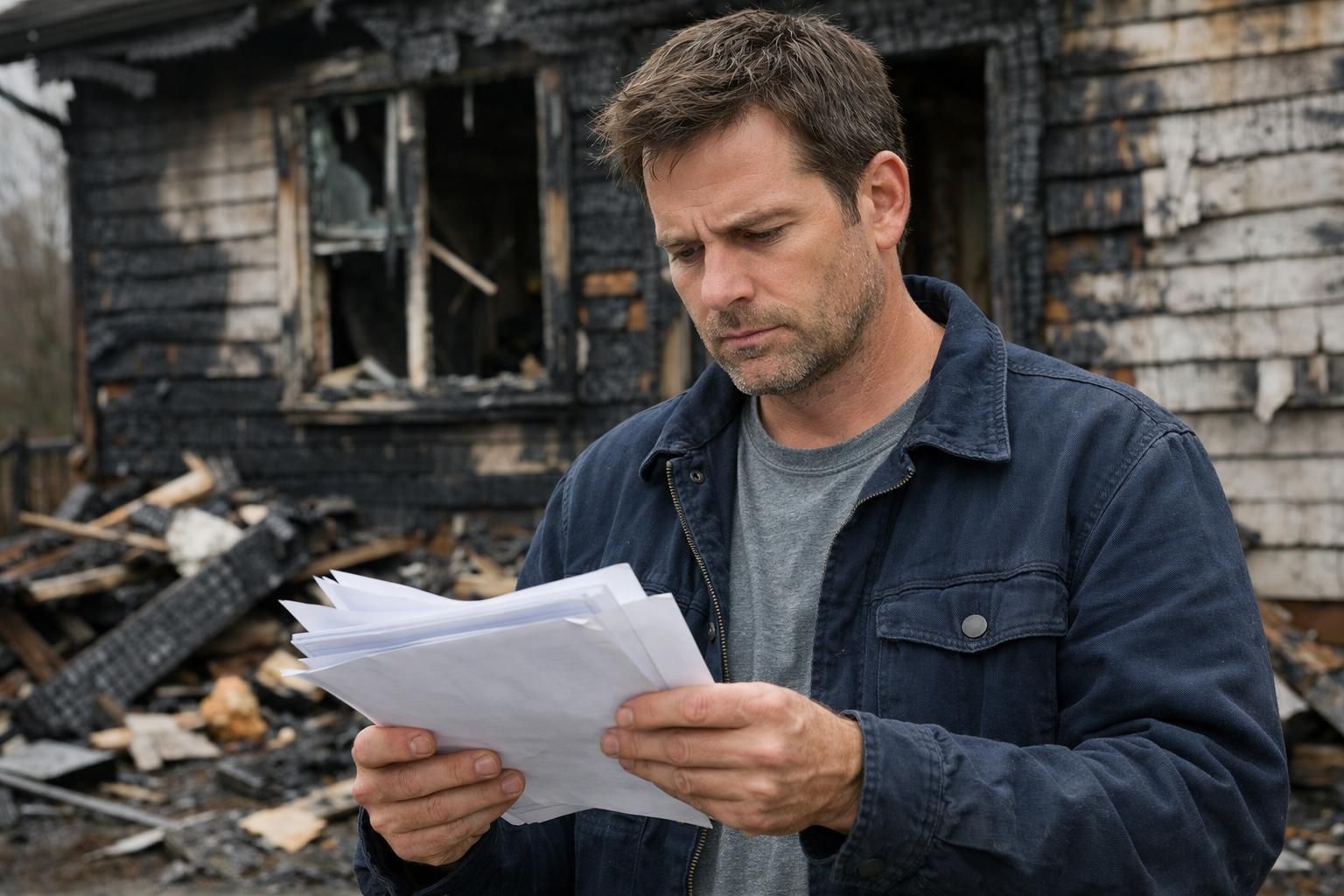 A man examines paperwork in front of a fire-damaged house.