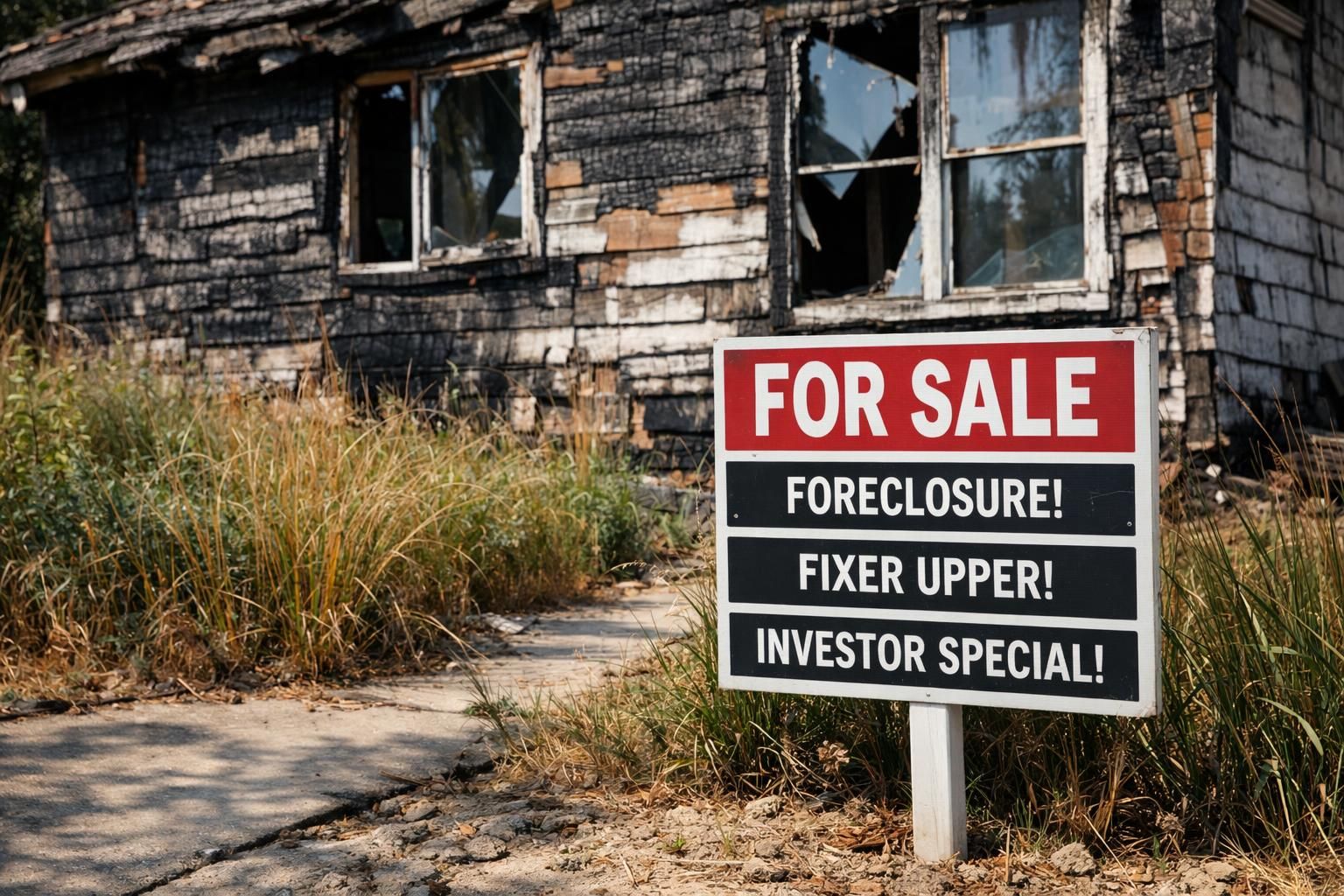 A fire-damaged house with overgrown weeds and a For Sale sign.