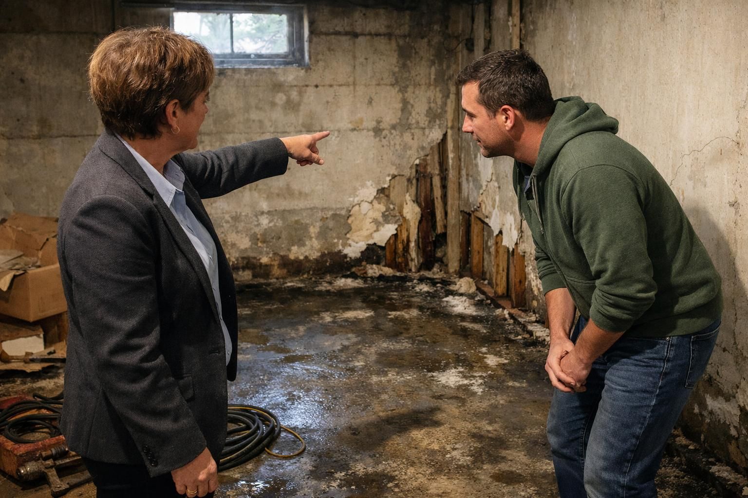 A real estate agent shows a flood-damaged basement to a buyer. A real estate agent shows a flood-damaged basement to a buyer.
