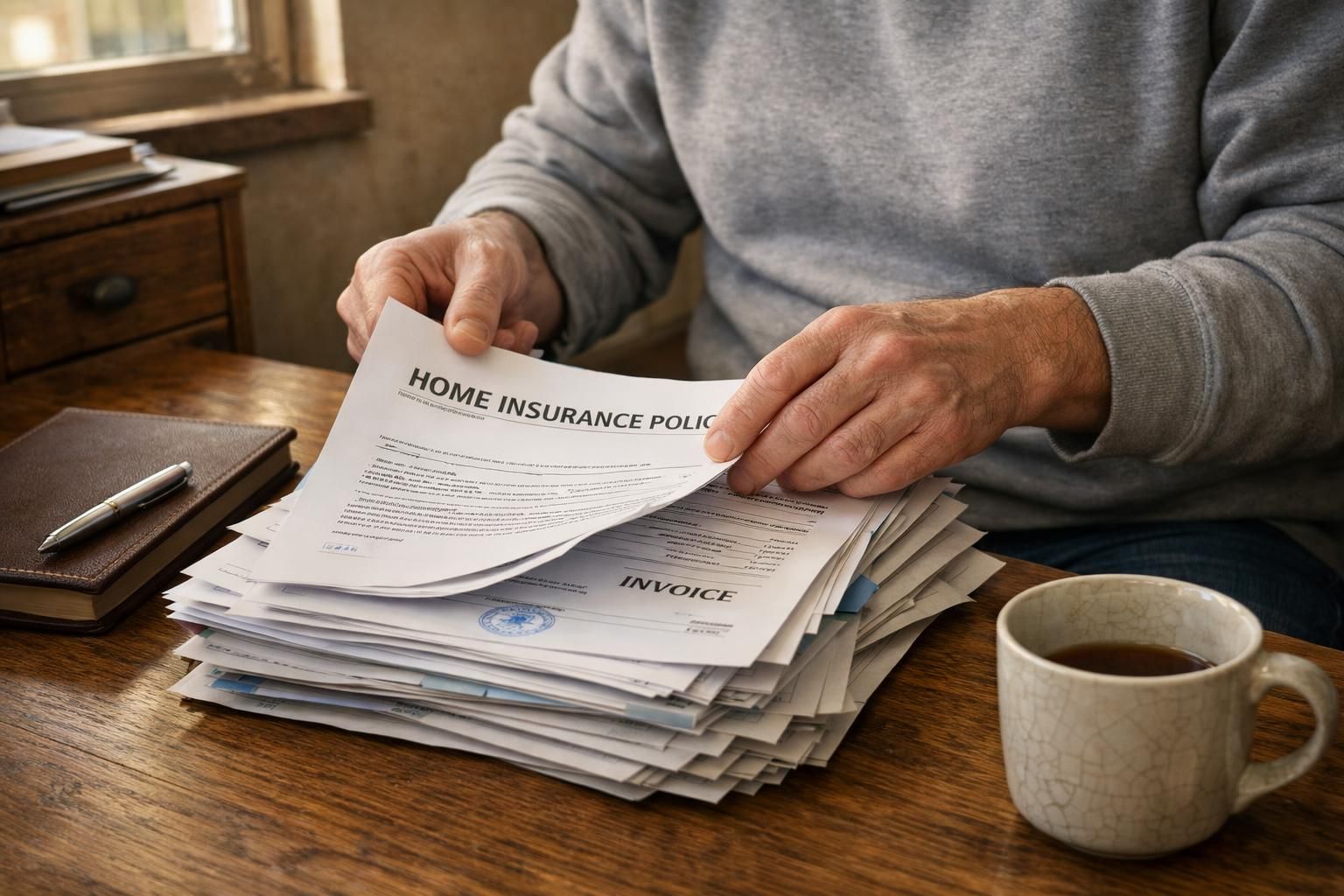 A person organizes home insurance documents on an oak desk. A person organizes home insurance documents on an oak desk.