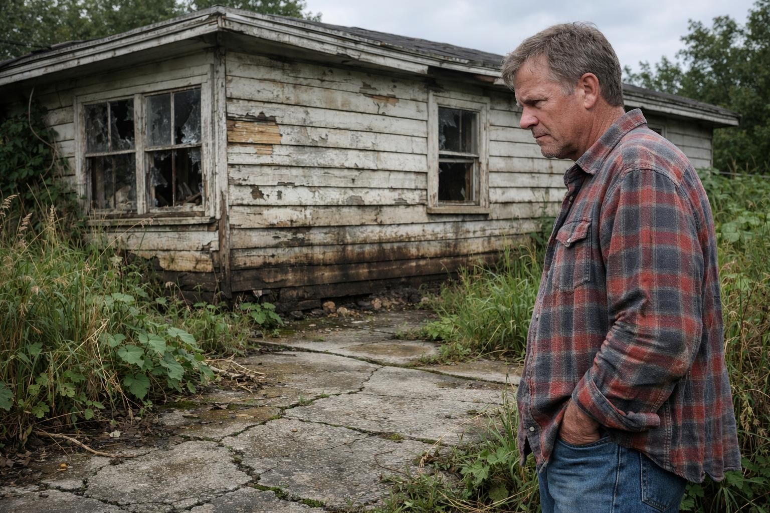 A man assesses a severely flood-damaged, neglected house and surroundings. A man assesses a severely flood-damaged, neglected house and surroundings.
