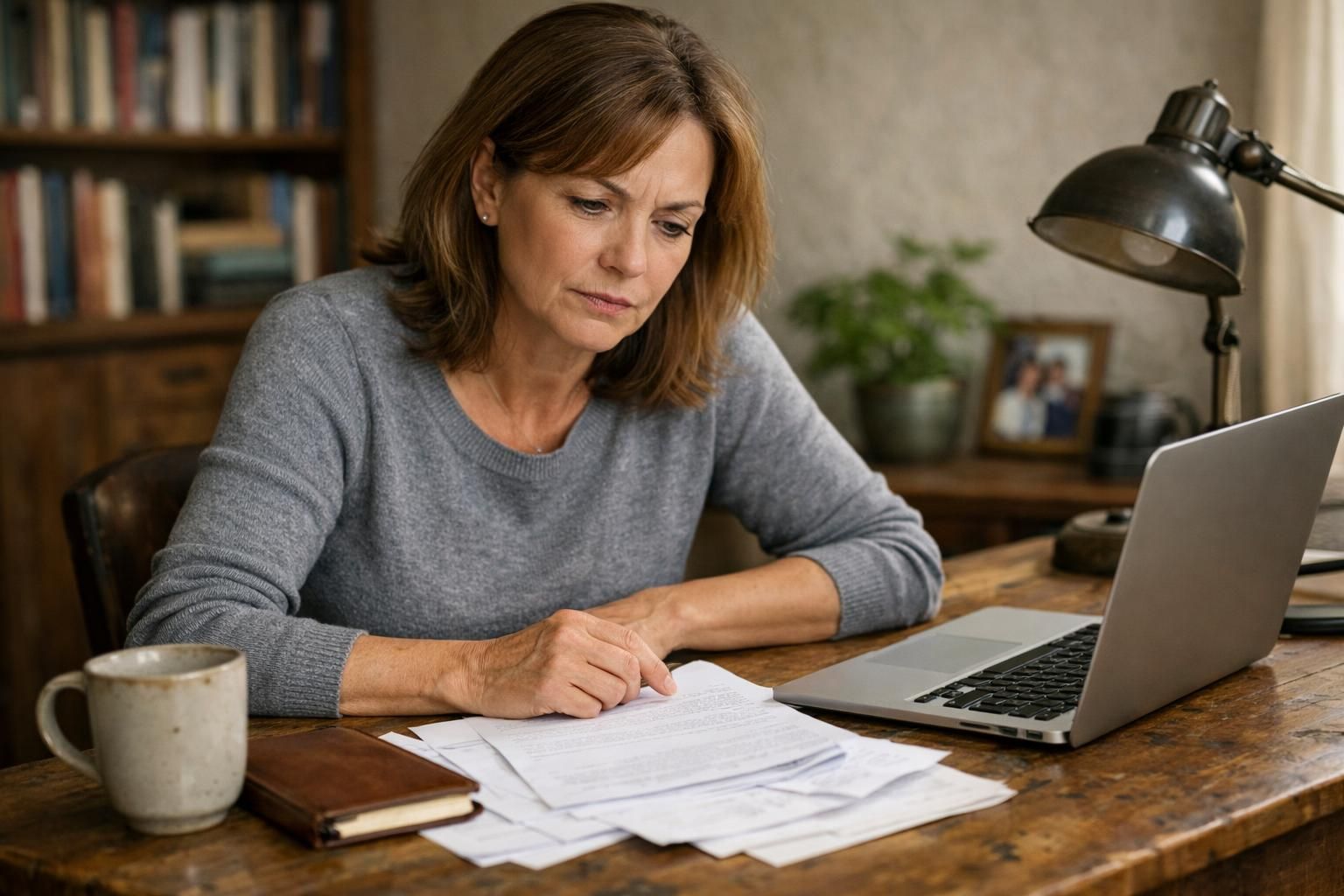 A thoughtful middle-aged woman reviews documents in her cozy home office. A thoughtful middle-aged woman reviews documents in her cozy home office.