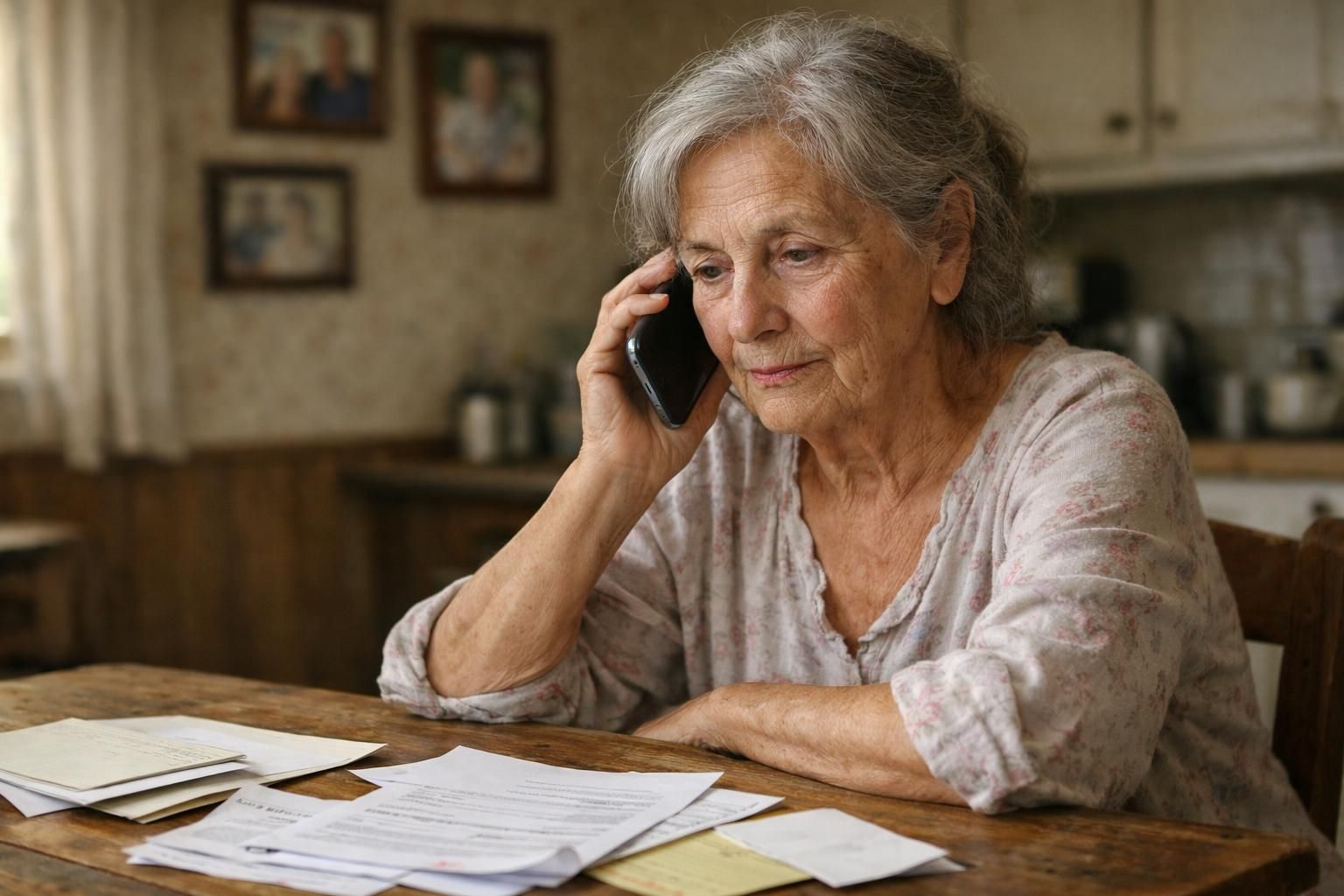 Elderly woman engaged in a serious phone conversation at a cluttered table.