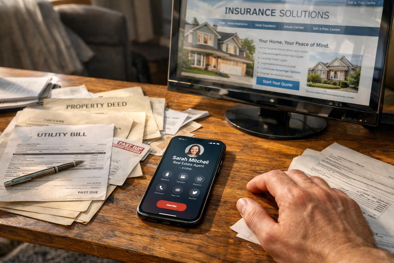 Cluttered desk with property documents and a phone call in progress.
