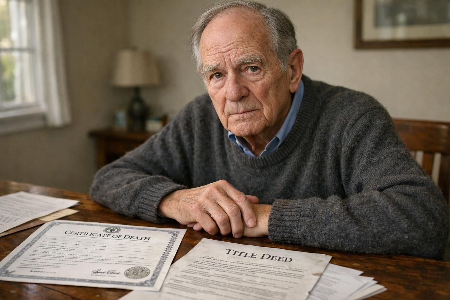 An elderly man anxiously reviews legal documents at a cluttered desk.