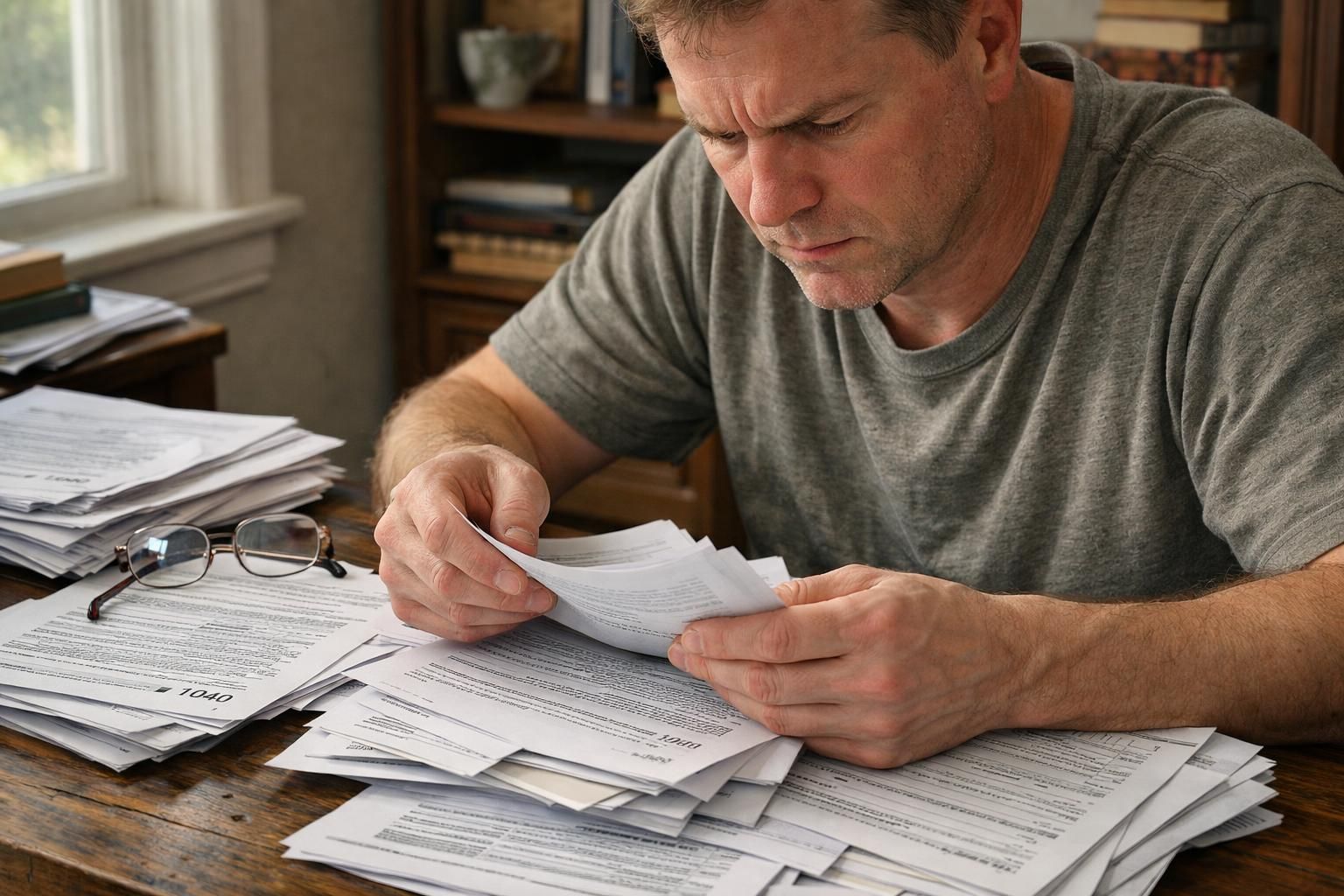 A person stressed over cluttered tax documents in a home office.