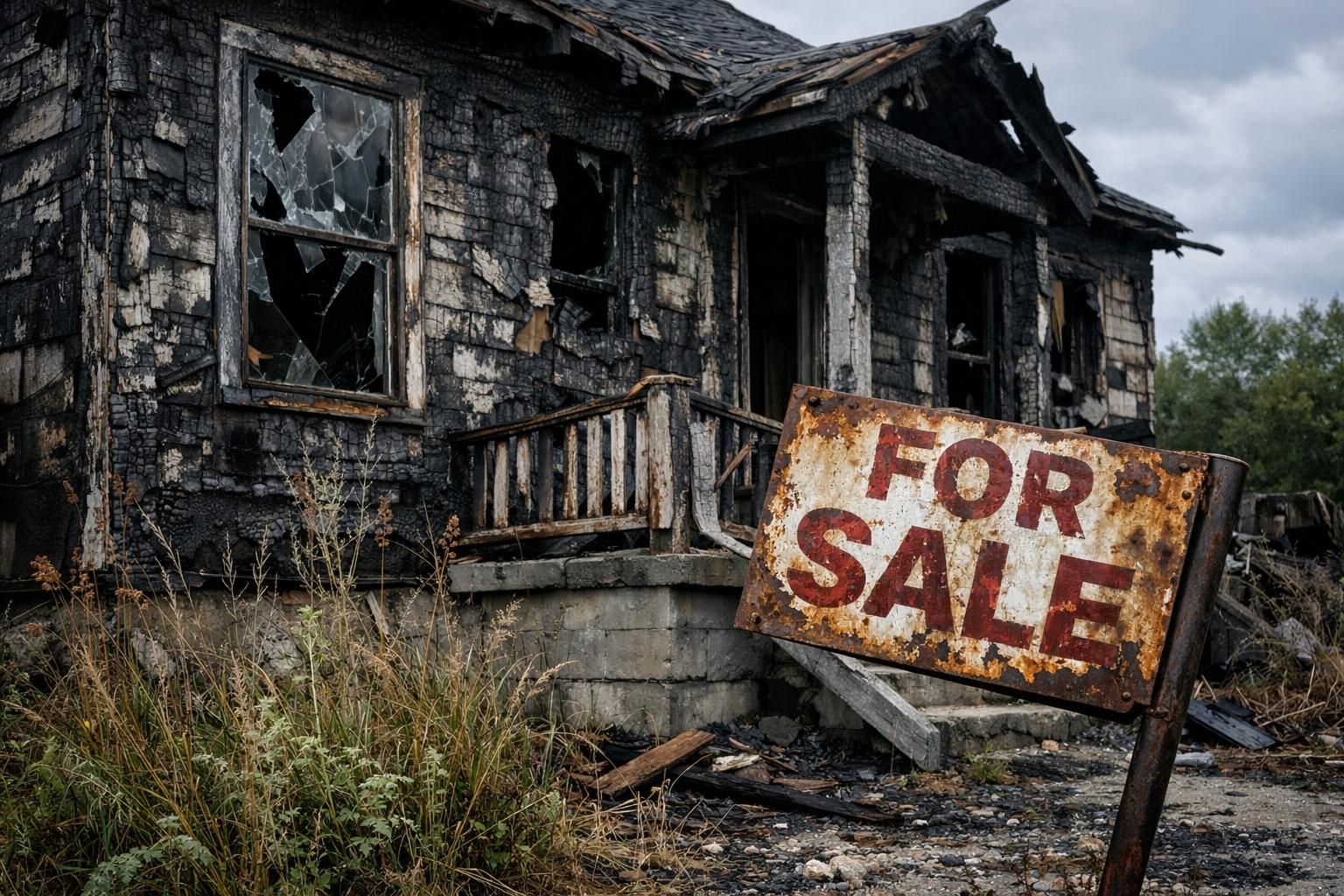 Abandoned fire-damaged house overrun by nature, embodying desolation.