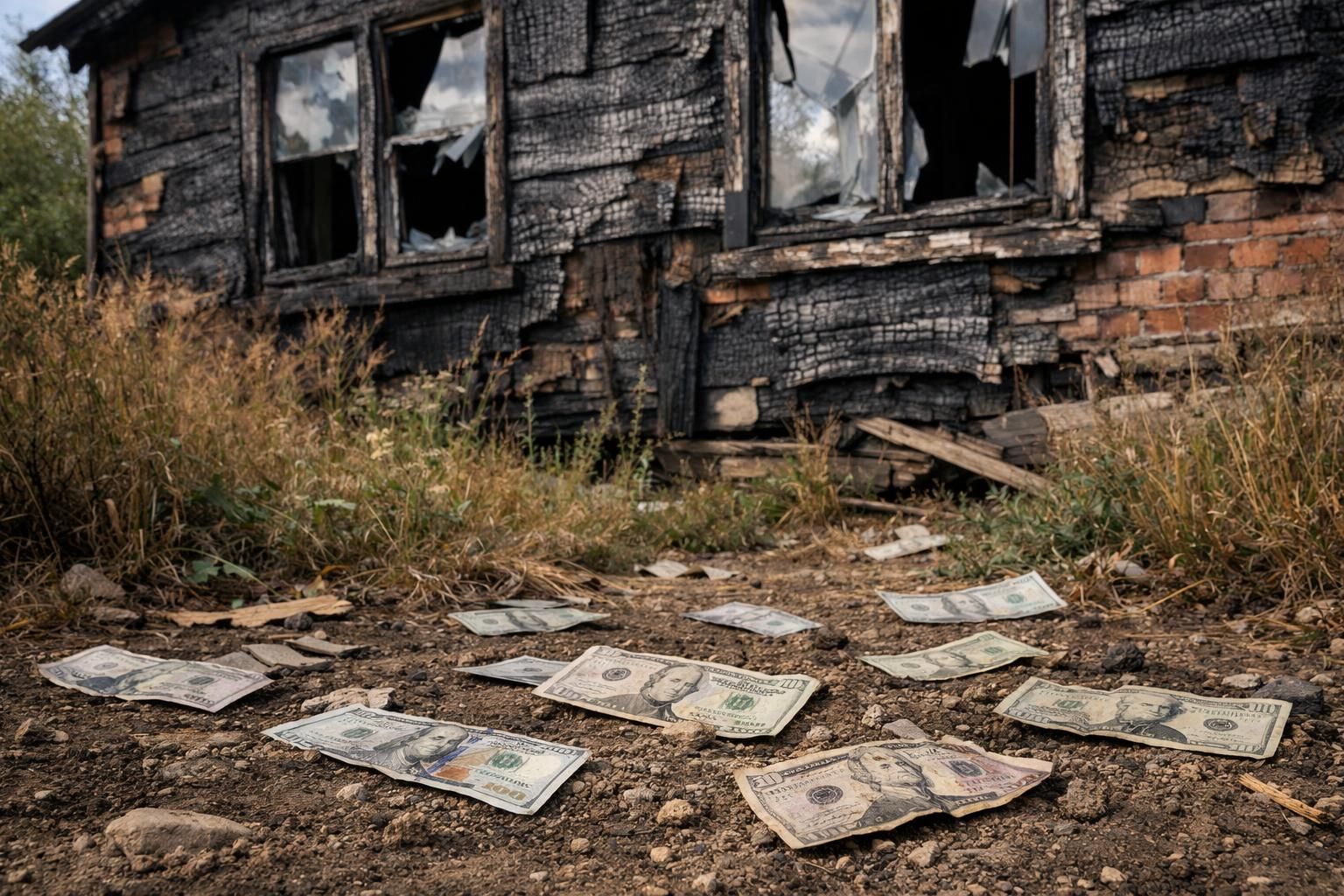 A burnt-out house stands amidst a neglected, overgrown yard.