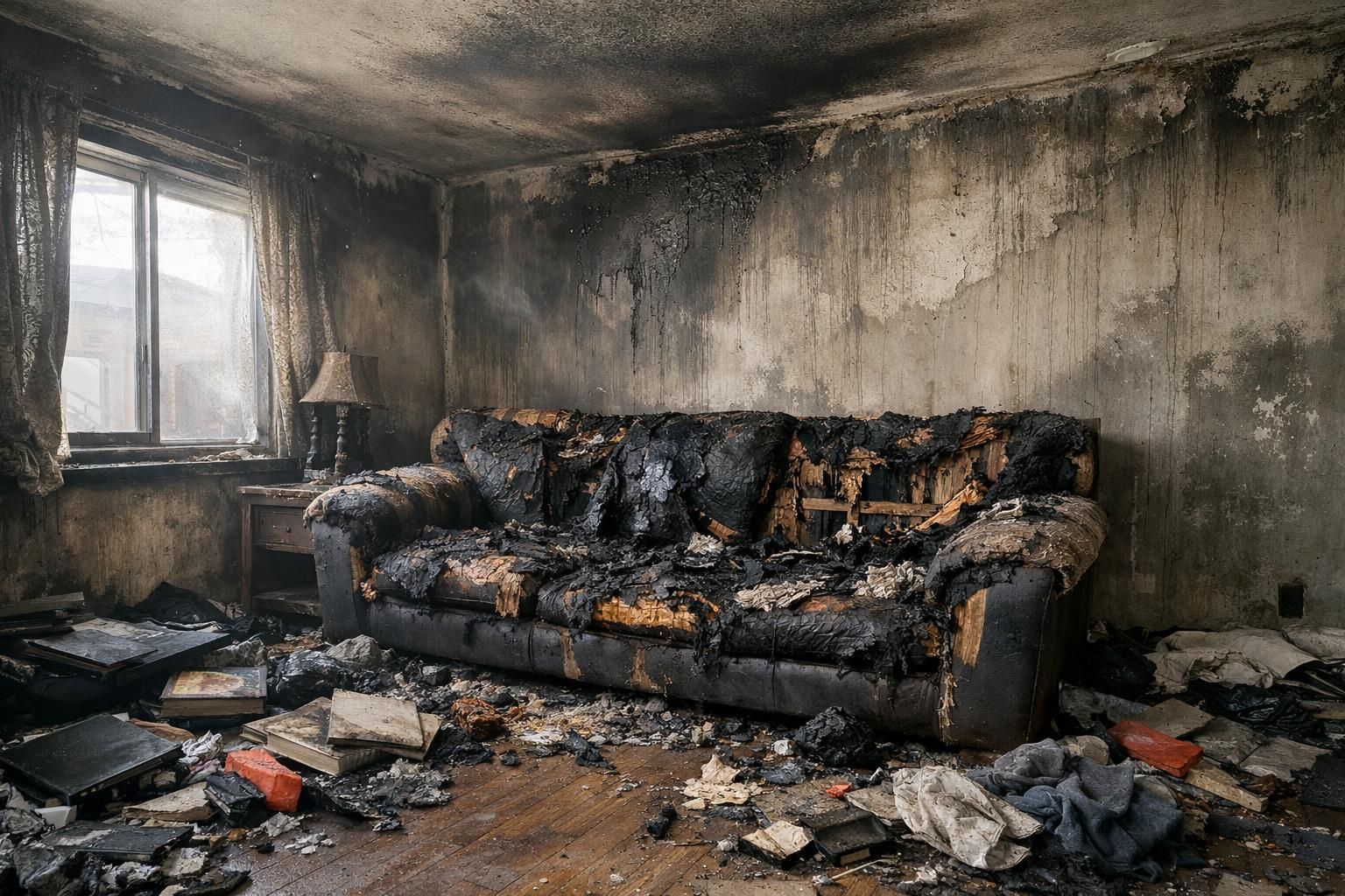 A fire-damaged living room reveals loss and destruction throughout.