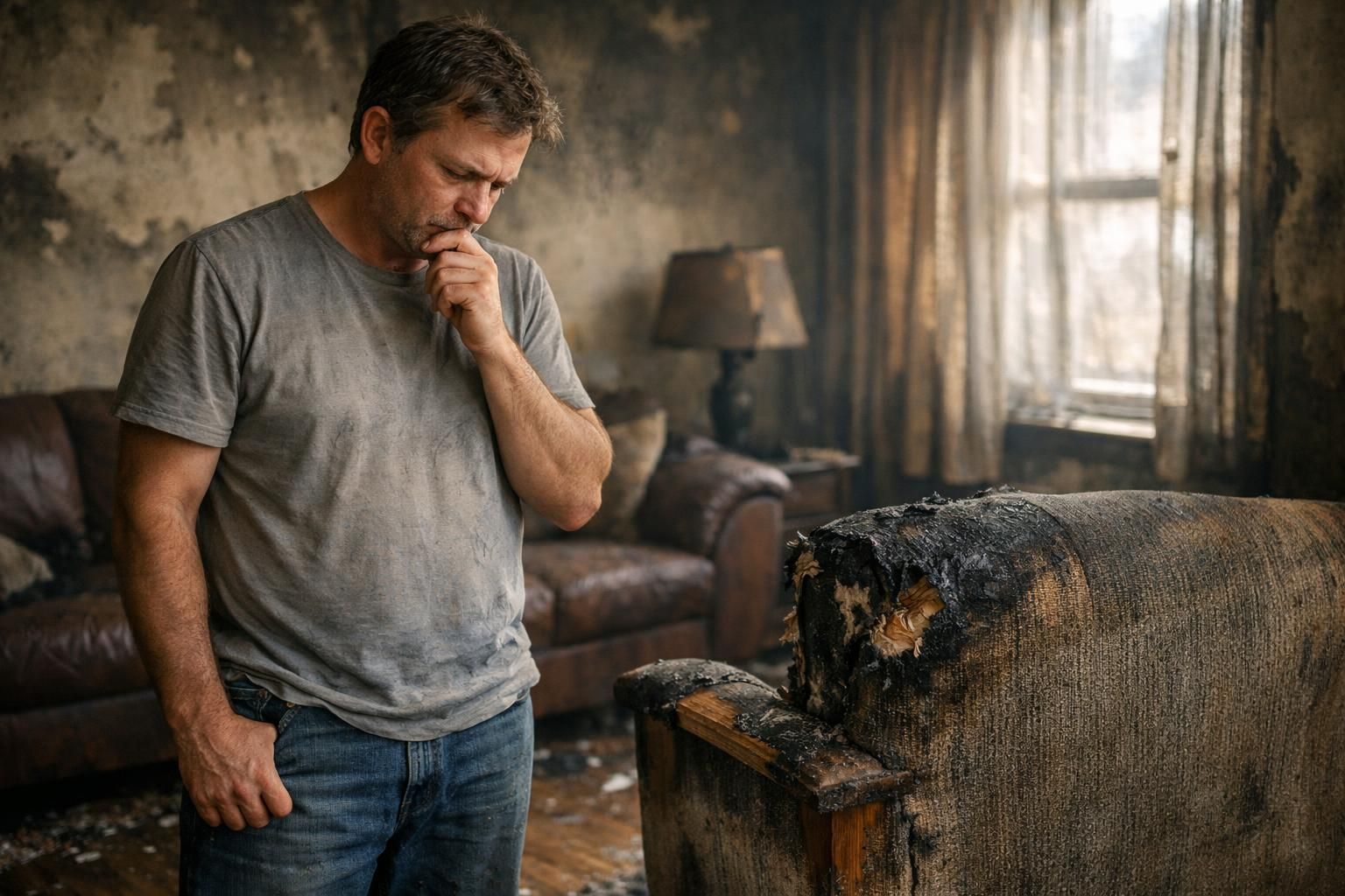 Homeowner reflects on fire damage in their living room.