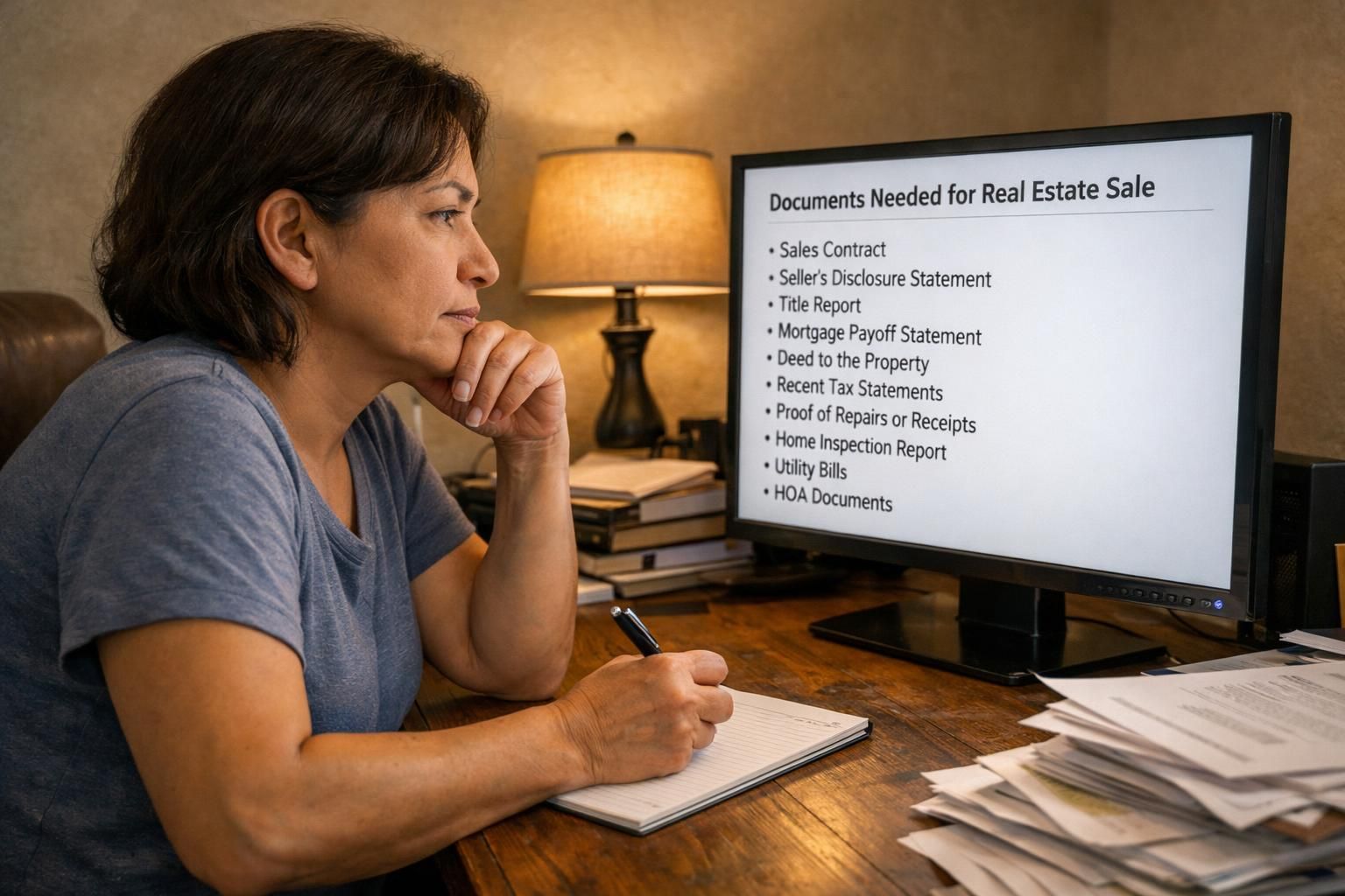 A focused individual manages real estate paperwork at a cluttered desk.
