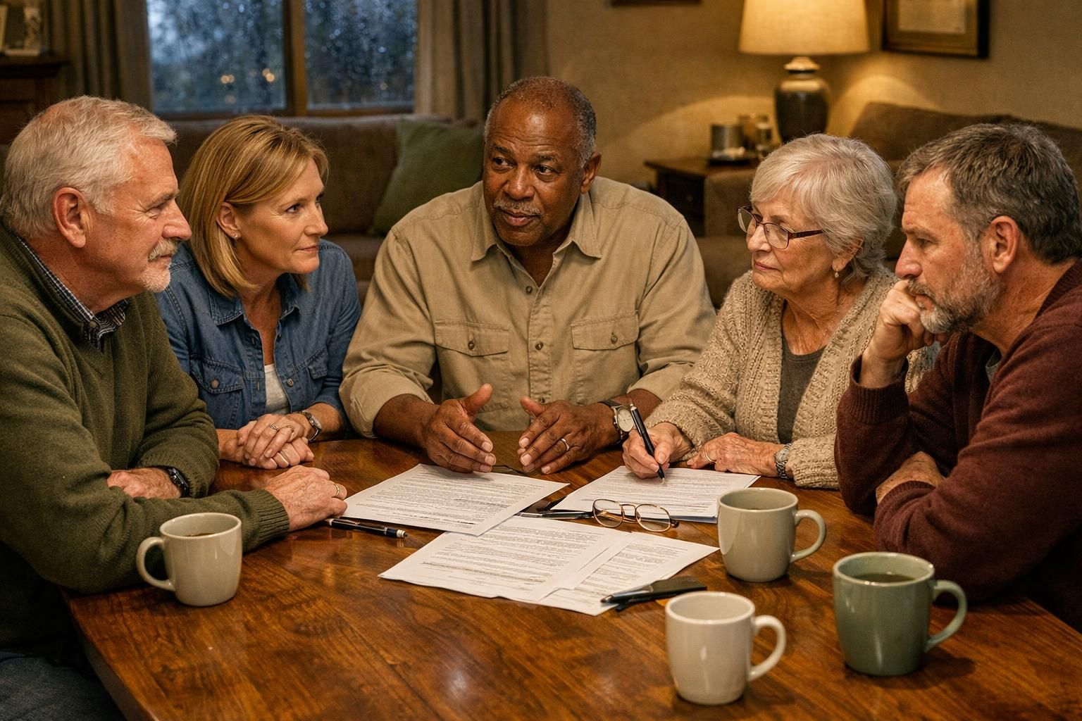 Homeowners discuss property title transfers and tax concerns around a dining table.