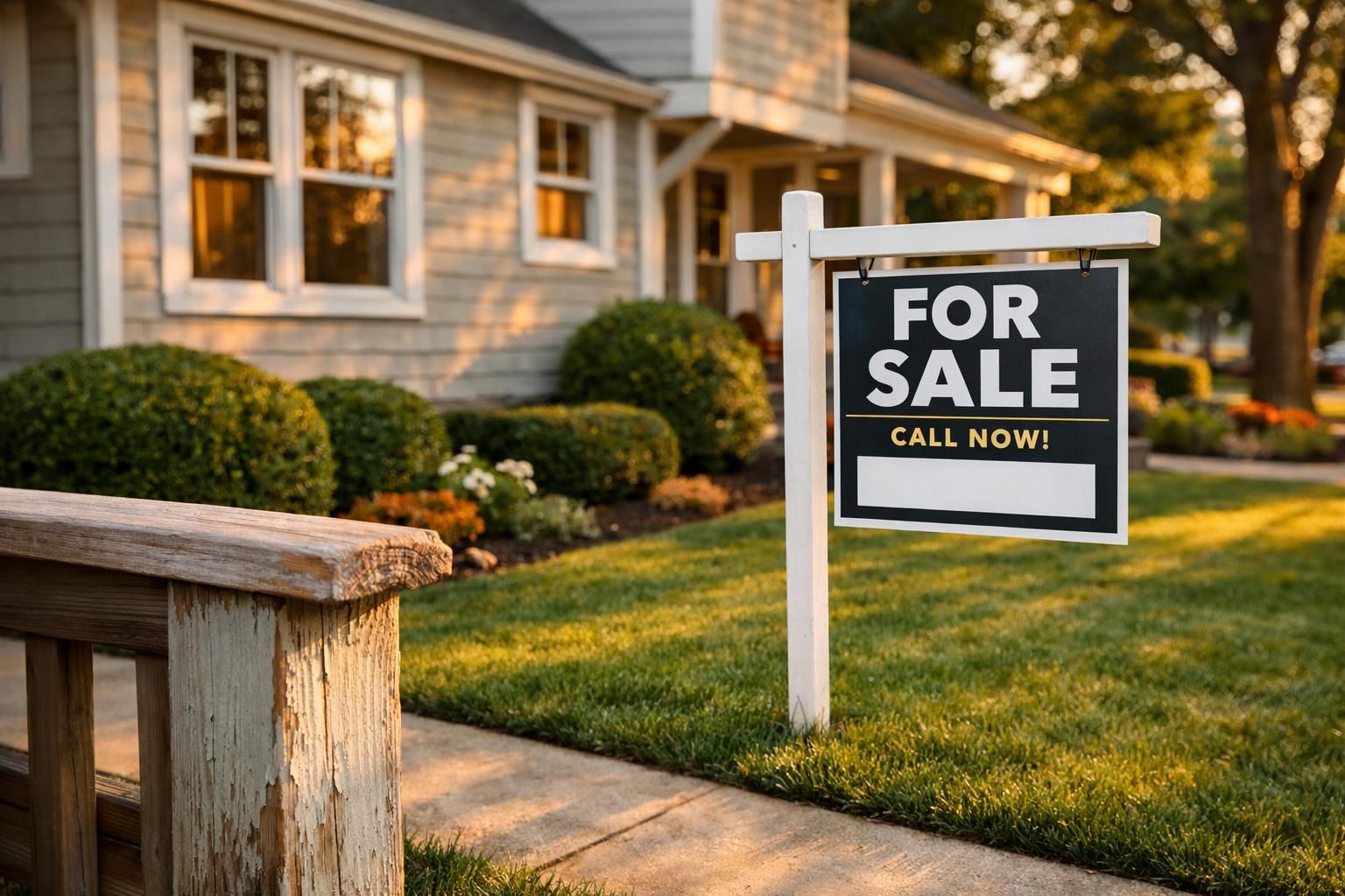 A charming suburban house with a vibrant lawn and 'For Sale' sign.