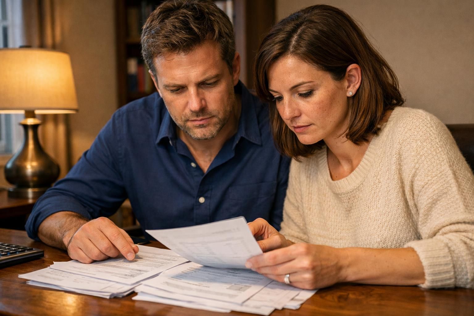 A couple reviews financial documents at a wooden desk in their office.