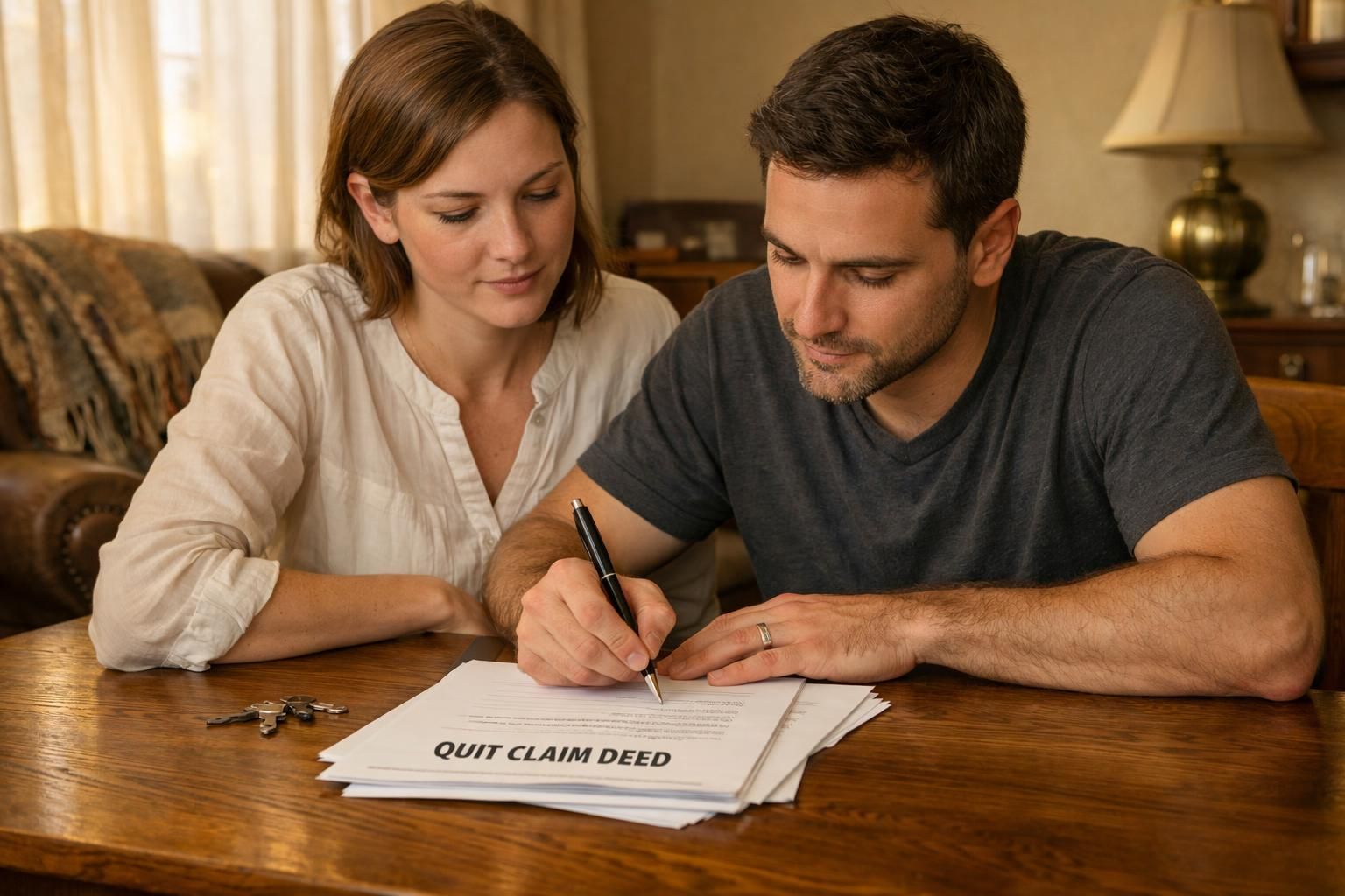 A man and woman review a quit claim deed at a table.