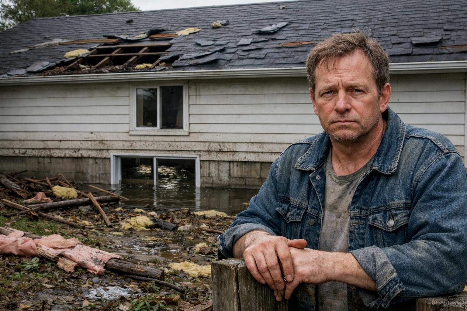 Homeowner surveys storm-damaged house and yard, reflecting financial strain.