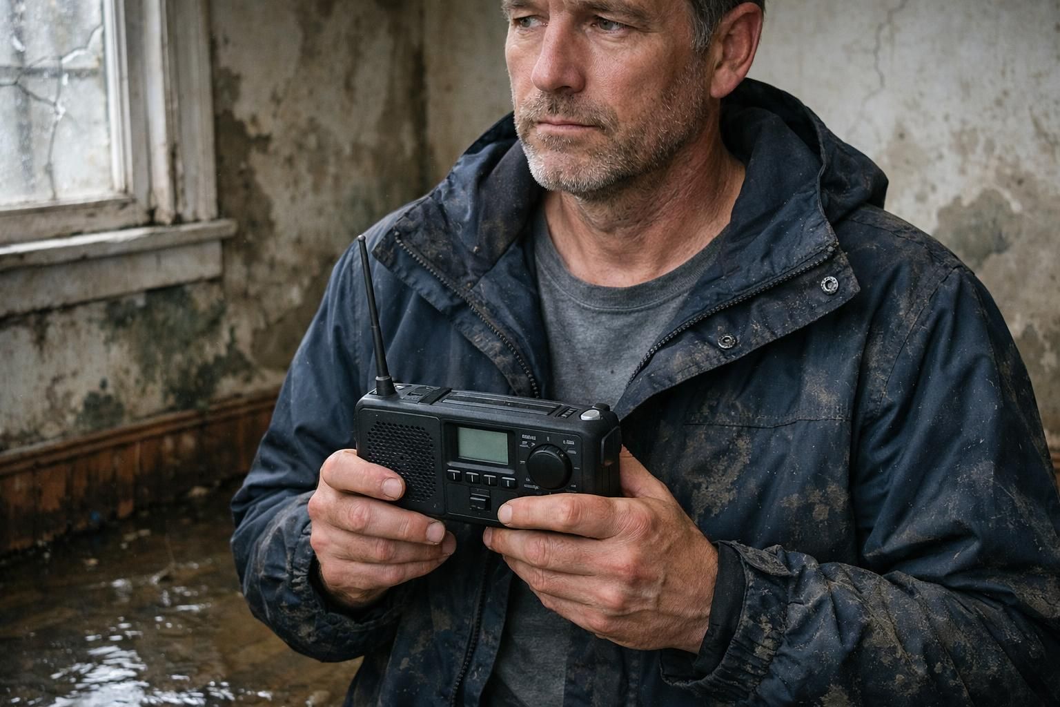 A middle-aged man stands ready with a radio in a flood-damaged room.