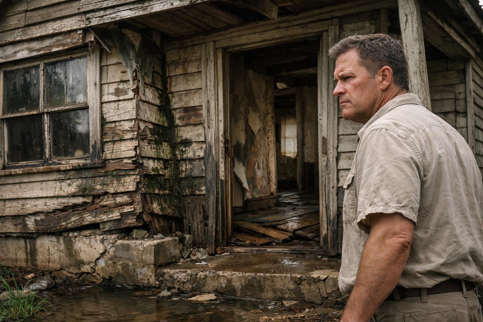 A distressed homeowner examines a severely flood-damaged house needing urgent repairs.
