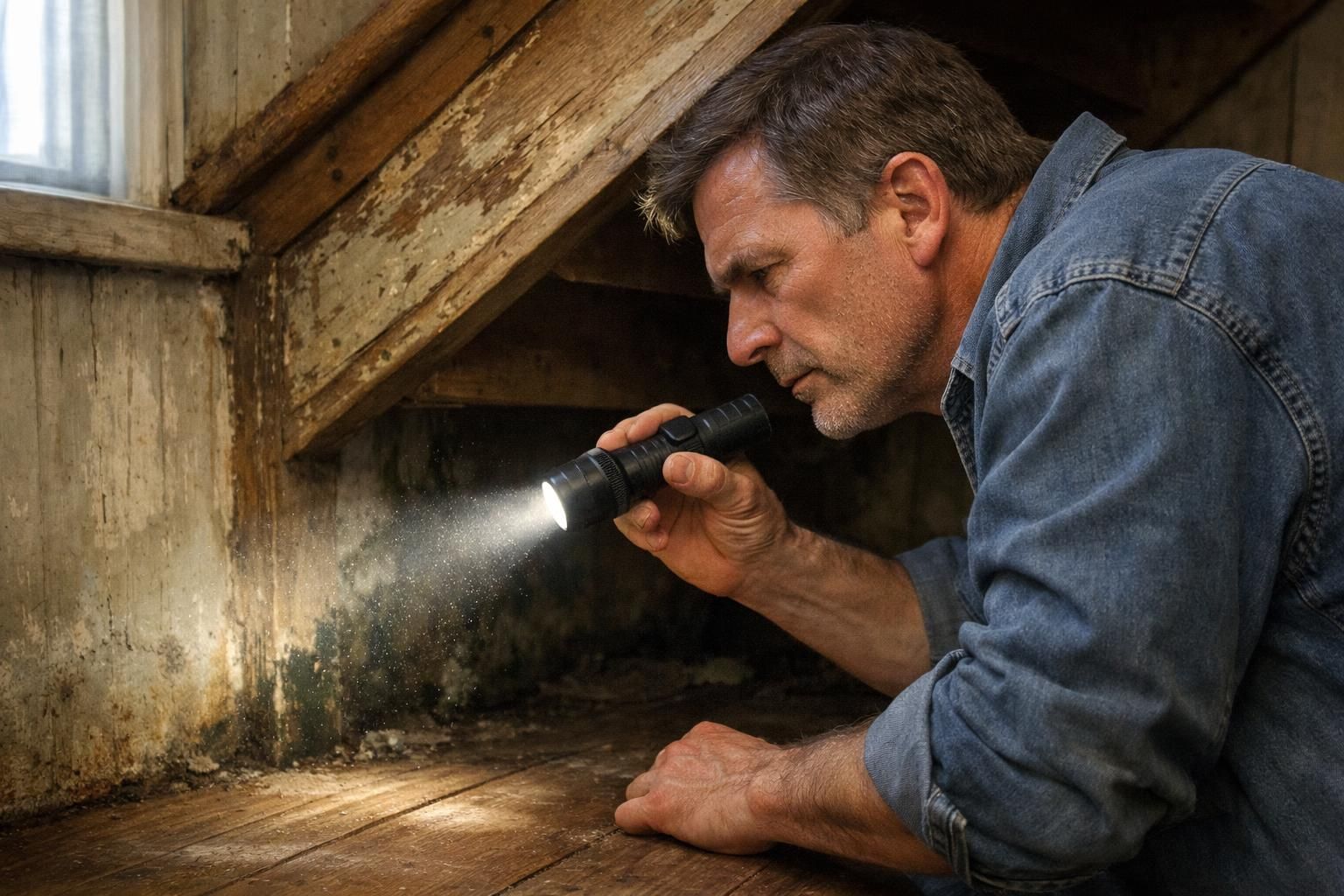 A homeowner inspects a shadowy corner for mold under stairs.