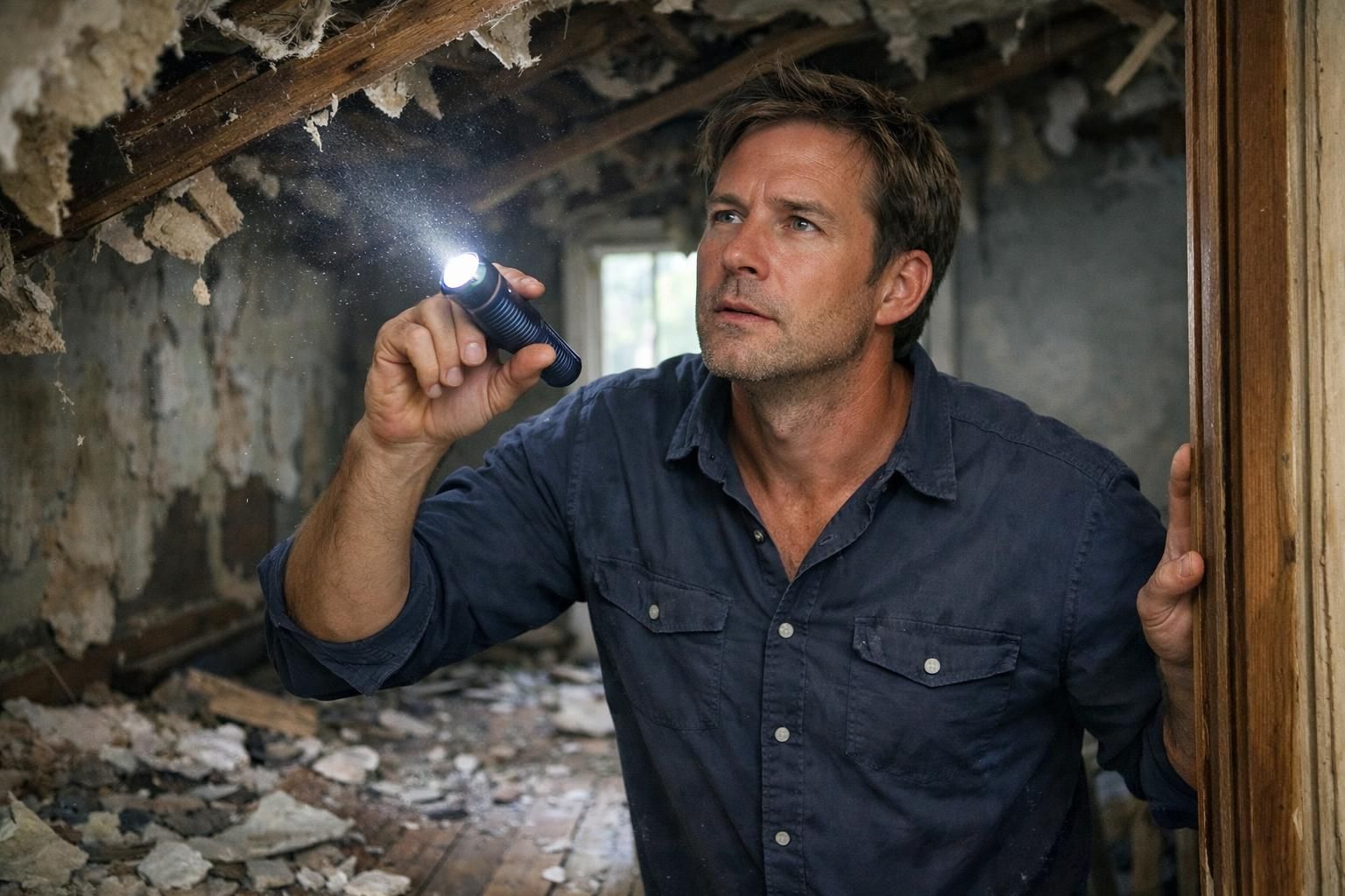 A concerned man inspects structural damage in a partially demolished home.