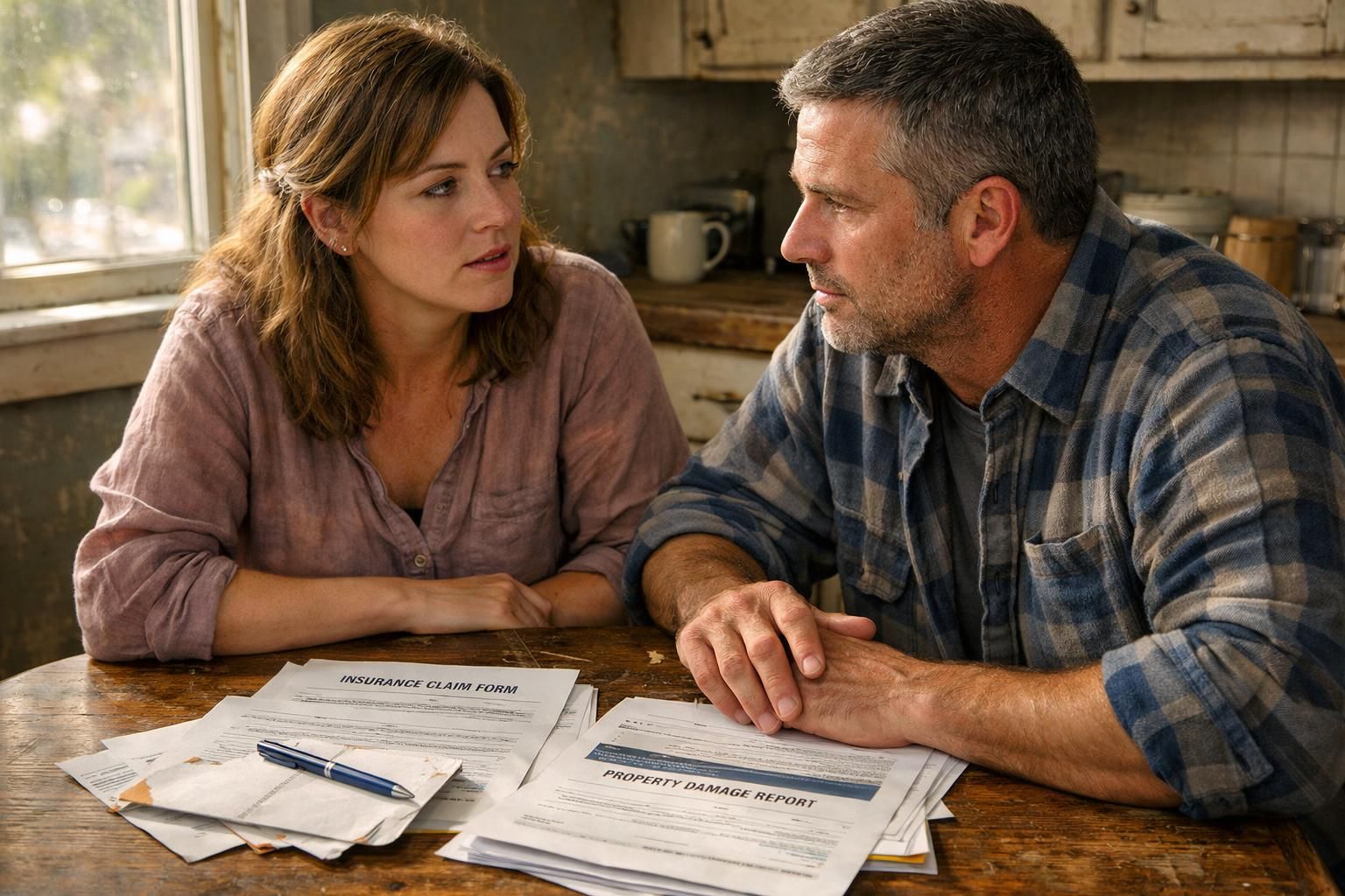 Couple discusses options for their storm-damaged home at kitchen table.