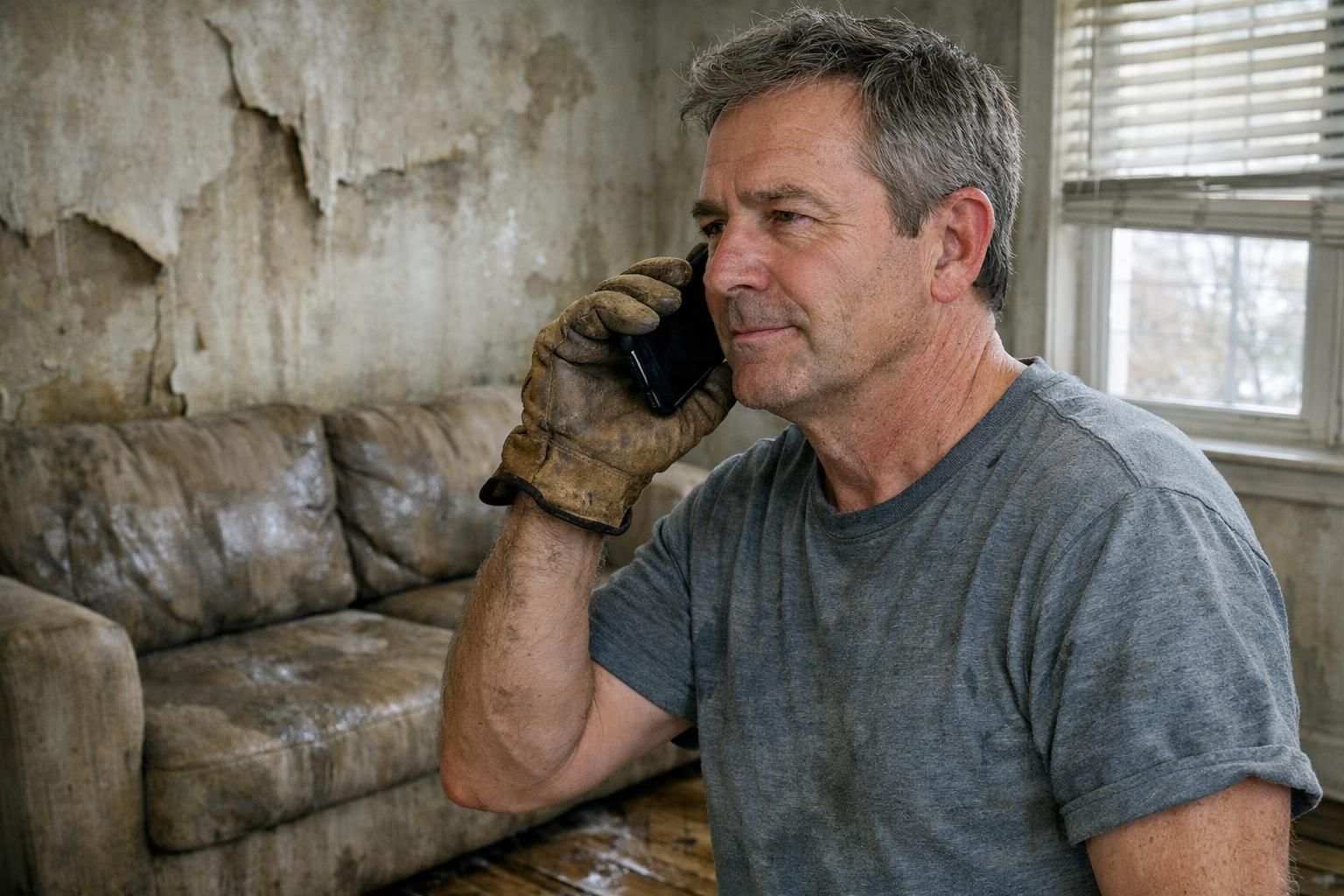 A man converses on the phone amidst water-damaged room conditions.
