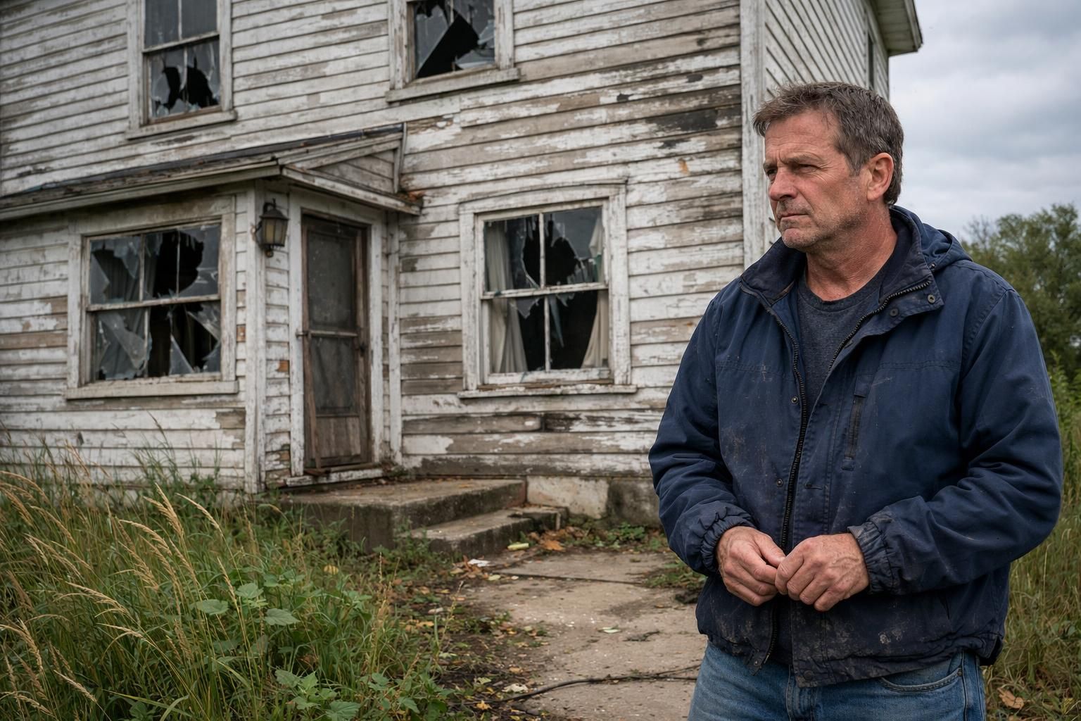 A weathered house symbolizes decay and tough real estate decisions.