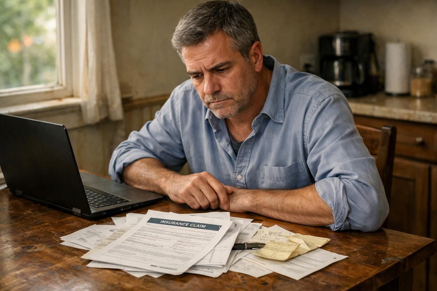 A frustrated man reviews paperwork at a worn kitchen table.