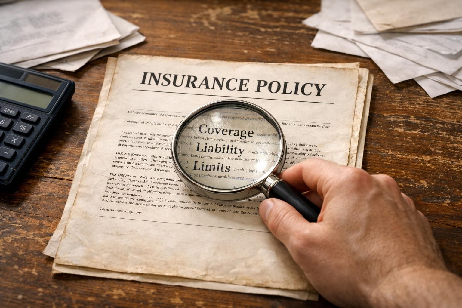 A hand examines an old insurance policy document with a magnifying glass.