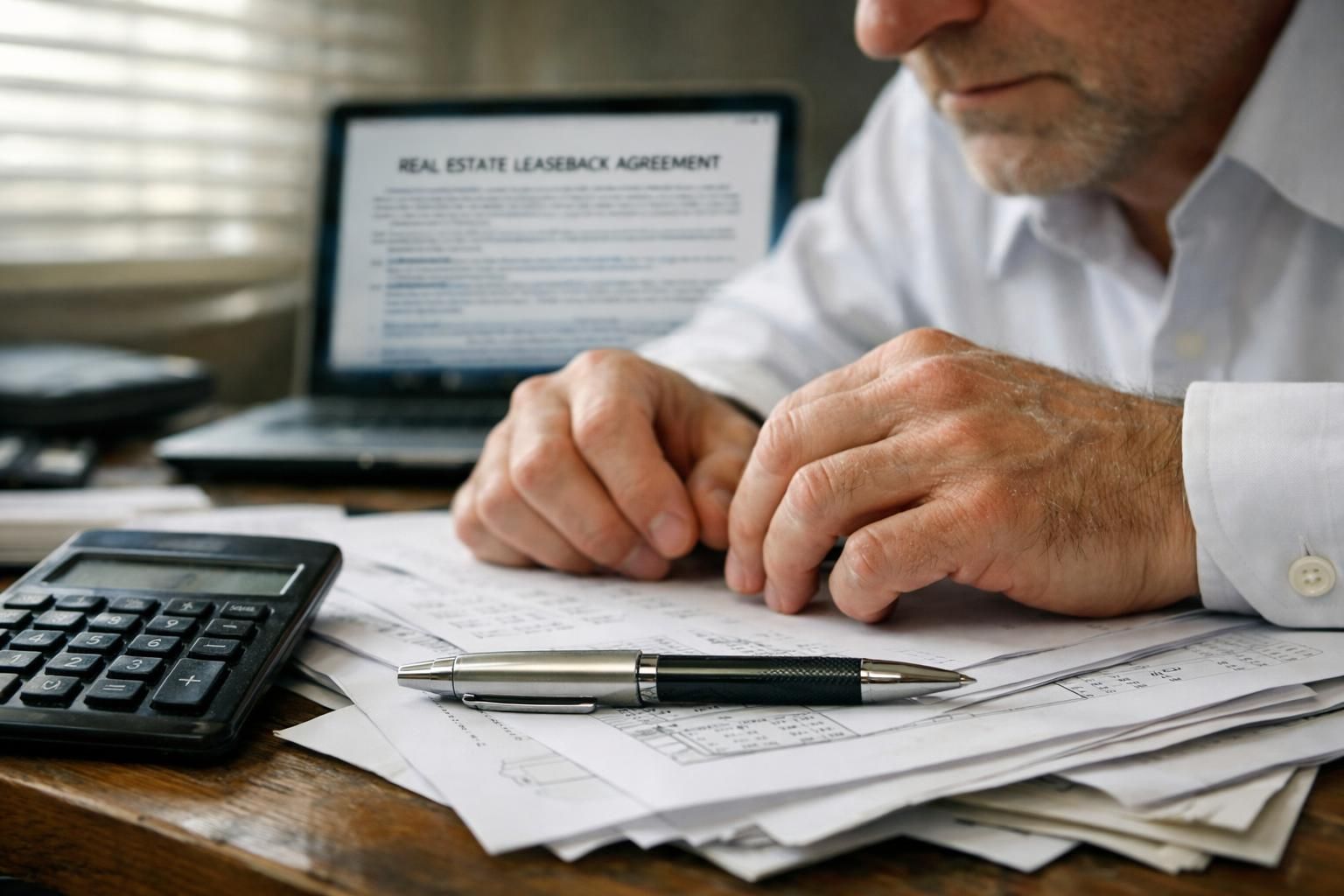A man reviews paperwork and a leaseback agreement at a cluttered desk.
