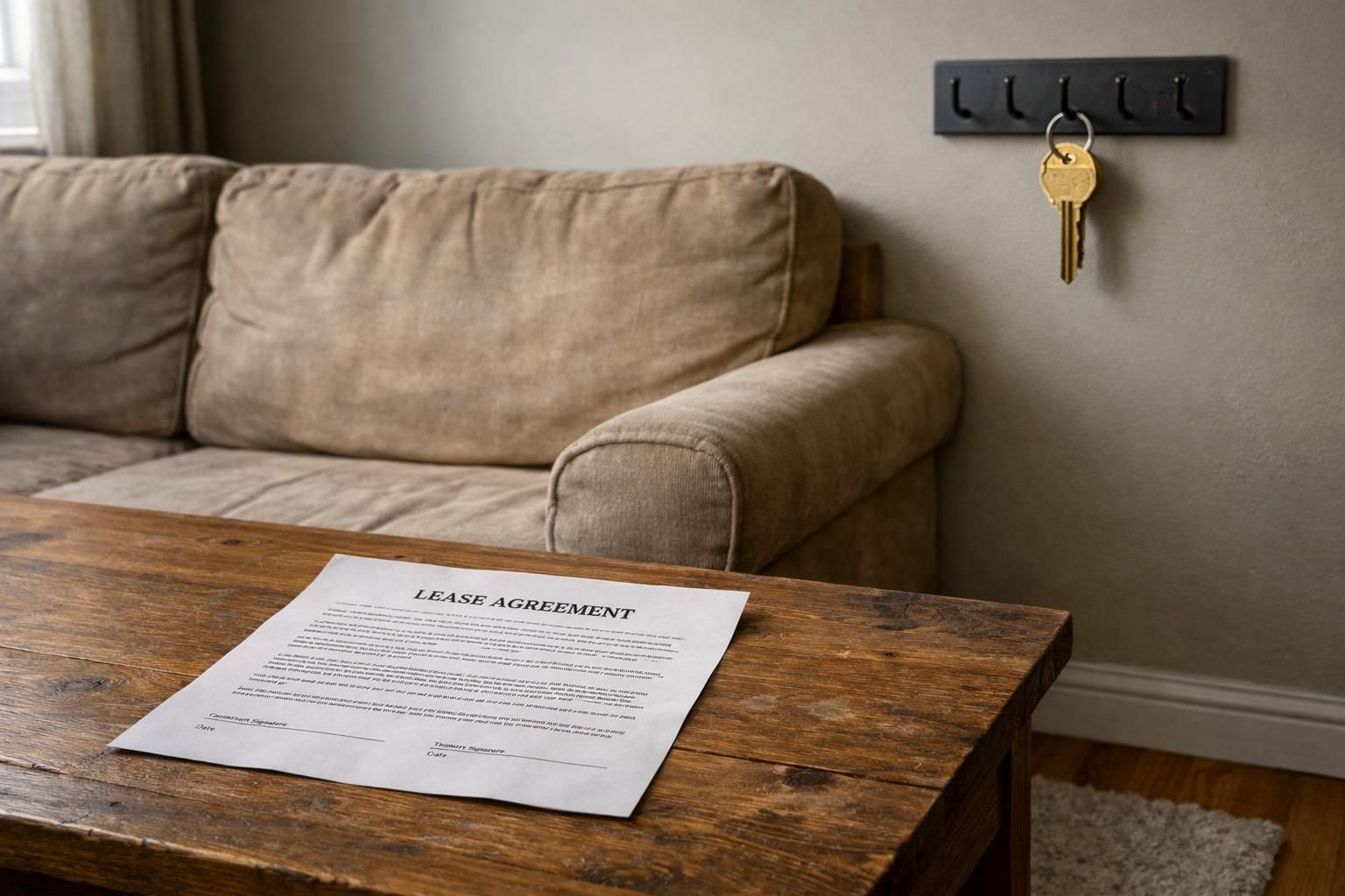 A cozy living room features a couch, coffee table, and house key.