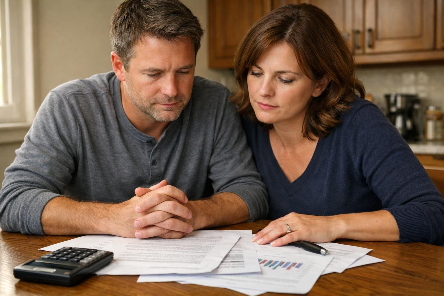 A couple discusses a leaseback agreement at their kitchen table.