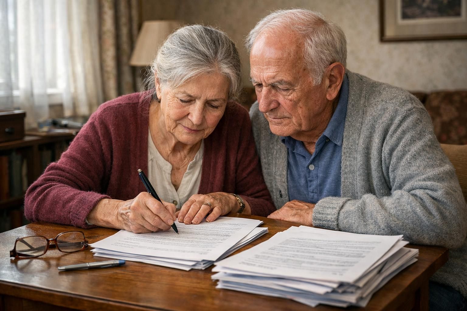 An elderly couple signs financial documents at a cozy table.